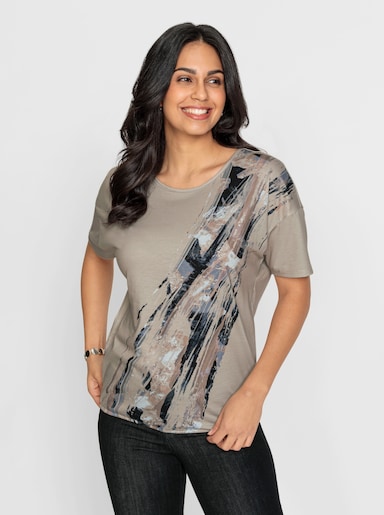 Print-Shirt mit Gummizug am Saum - sand-schwarz-bedruckt