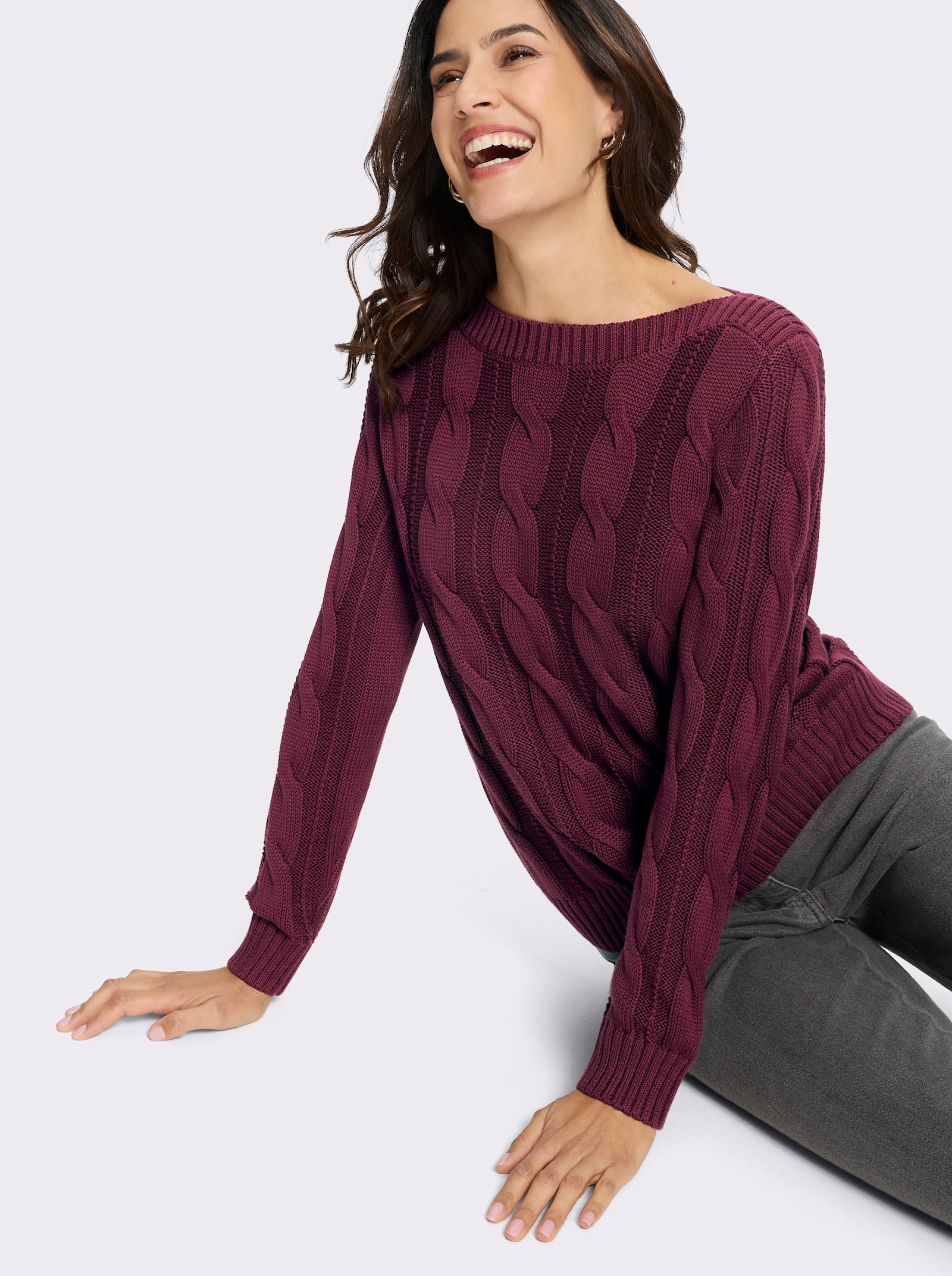  Strickpullover mit Allover-Zopfmuster - bordeaux