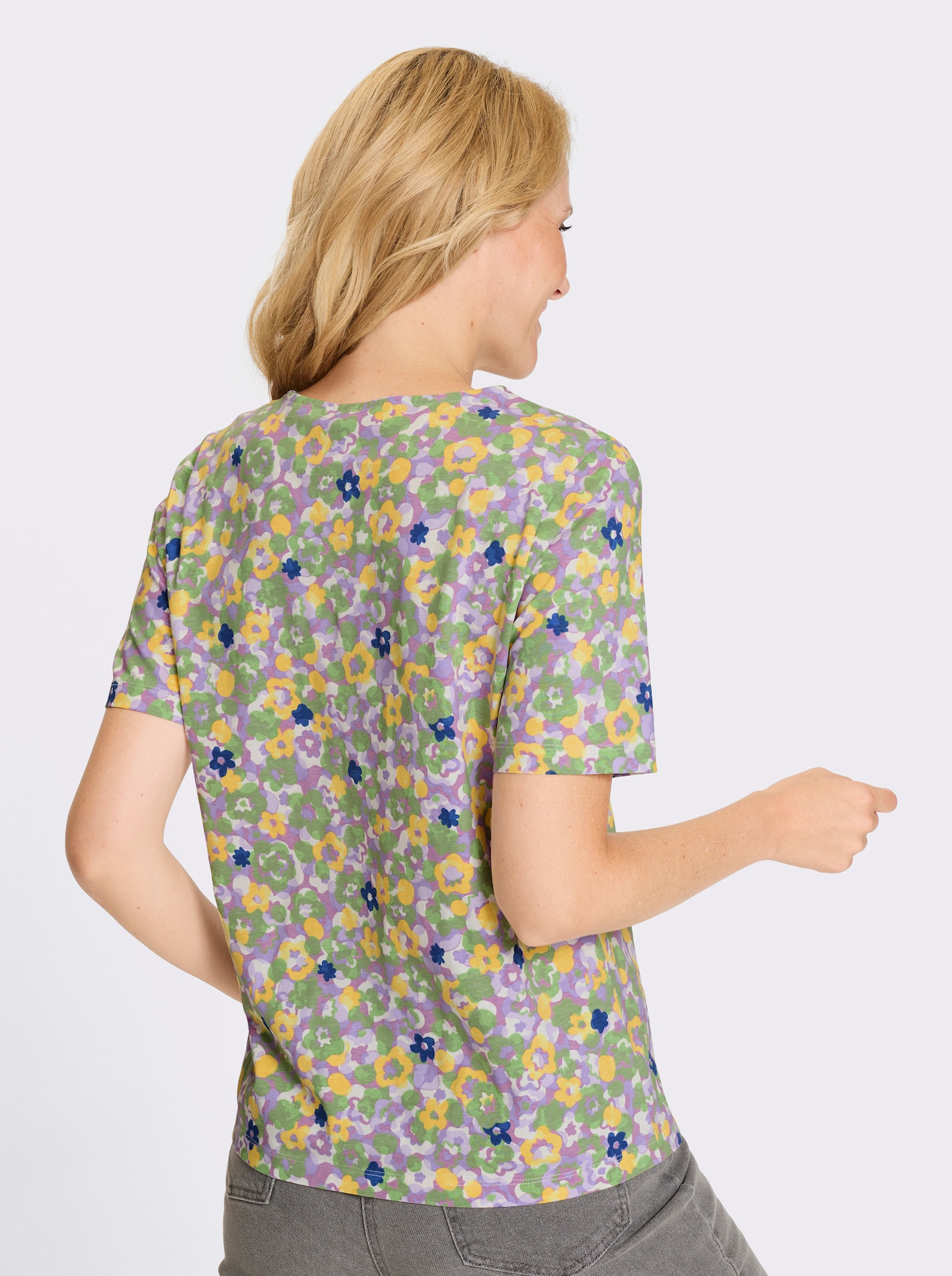 Kurzarmshirt im Millefleurs-Dessin - orchidee-reseda-bedruckt