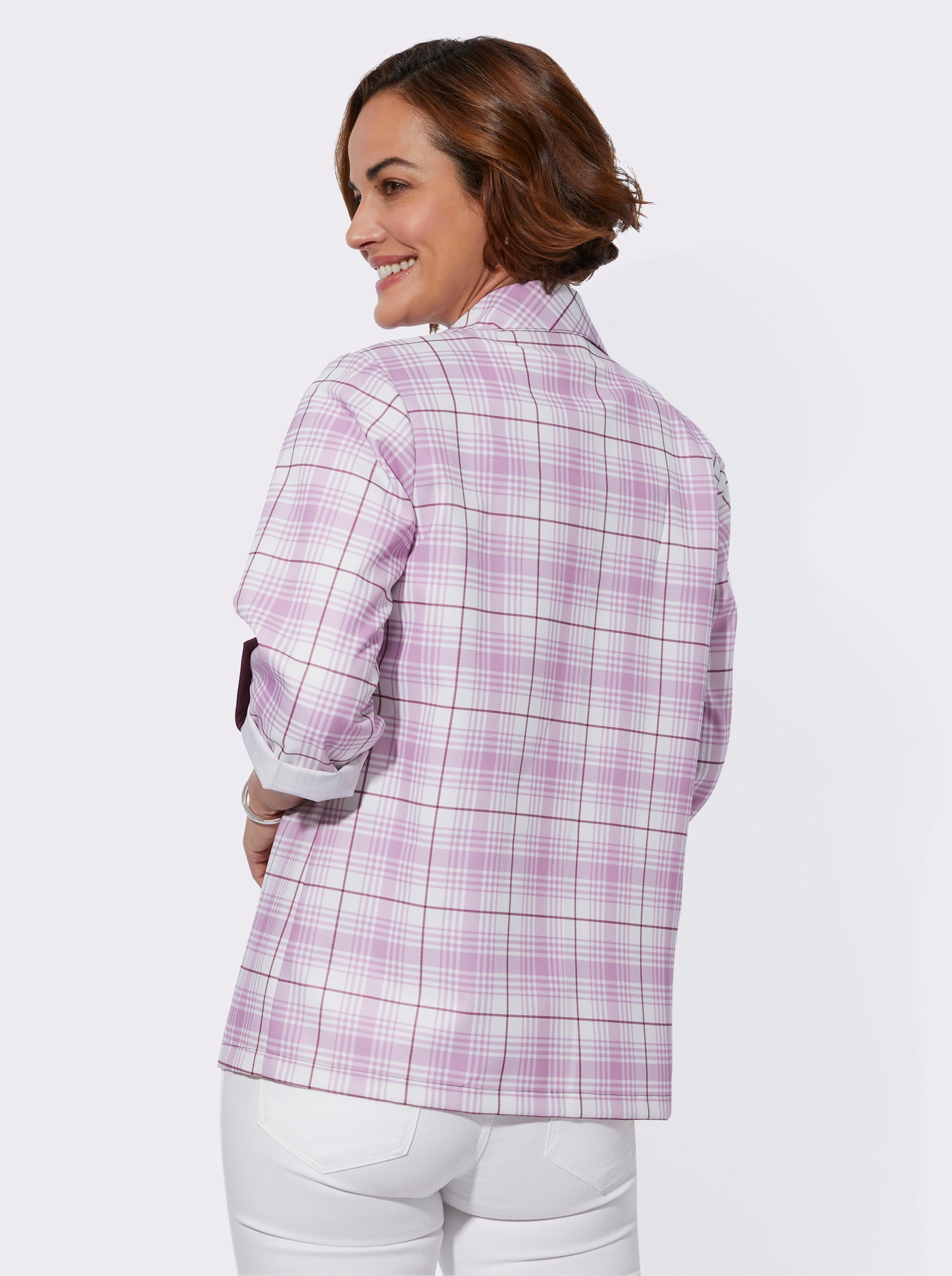 Blusenjacke mit kontrastfarbigen Blenden - orchidee-burgund-kariert
