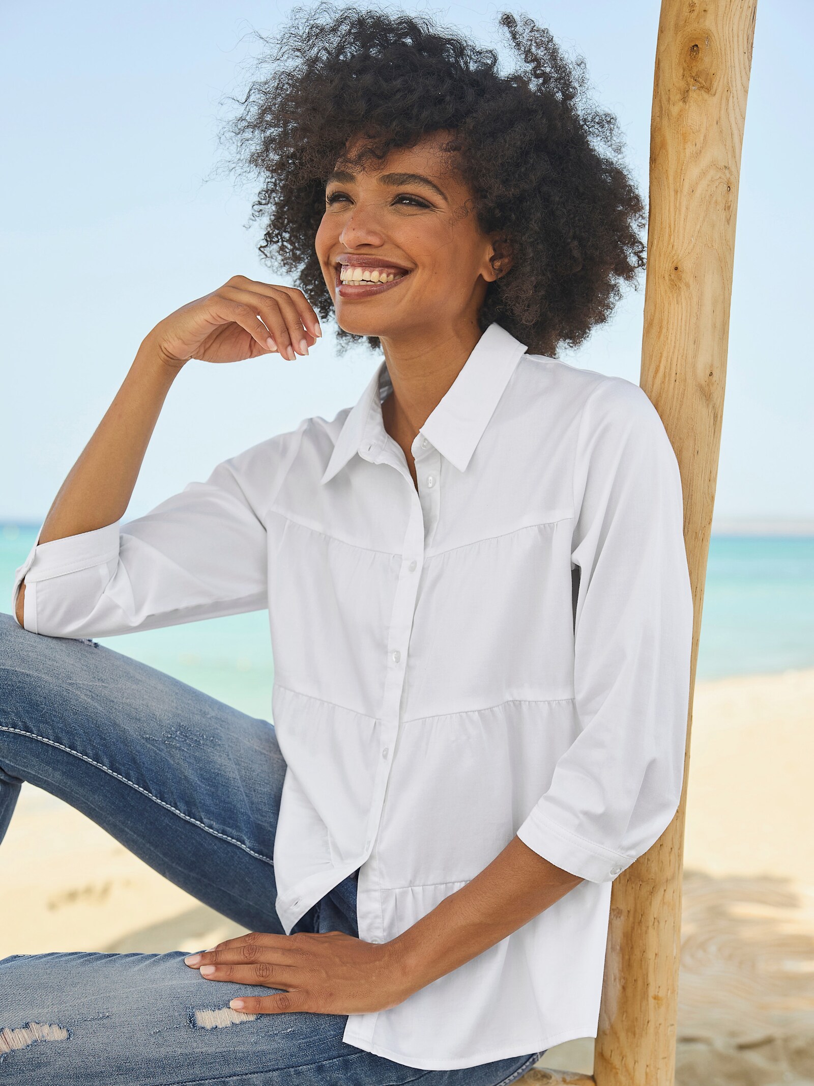 heine Langarmbluse mit Quernähten - weiß