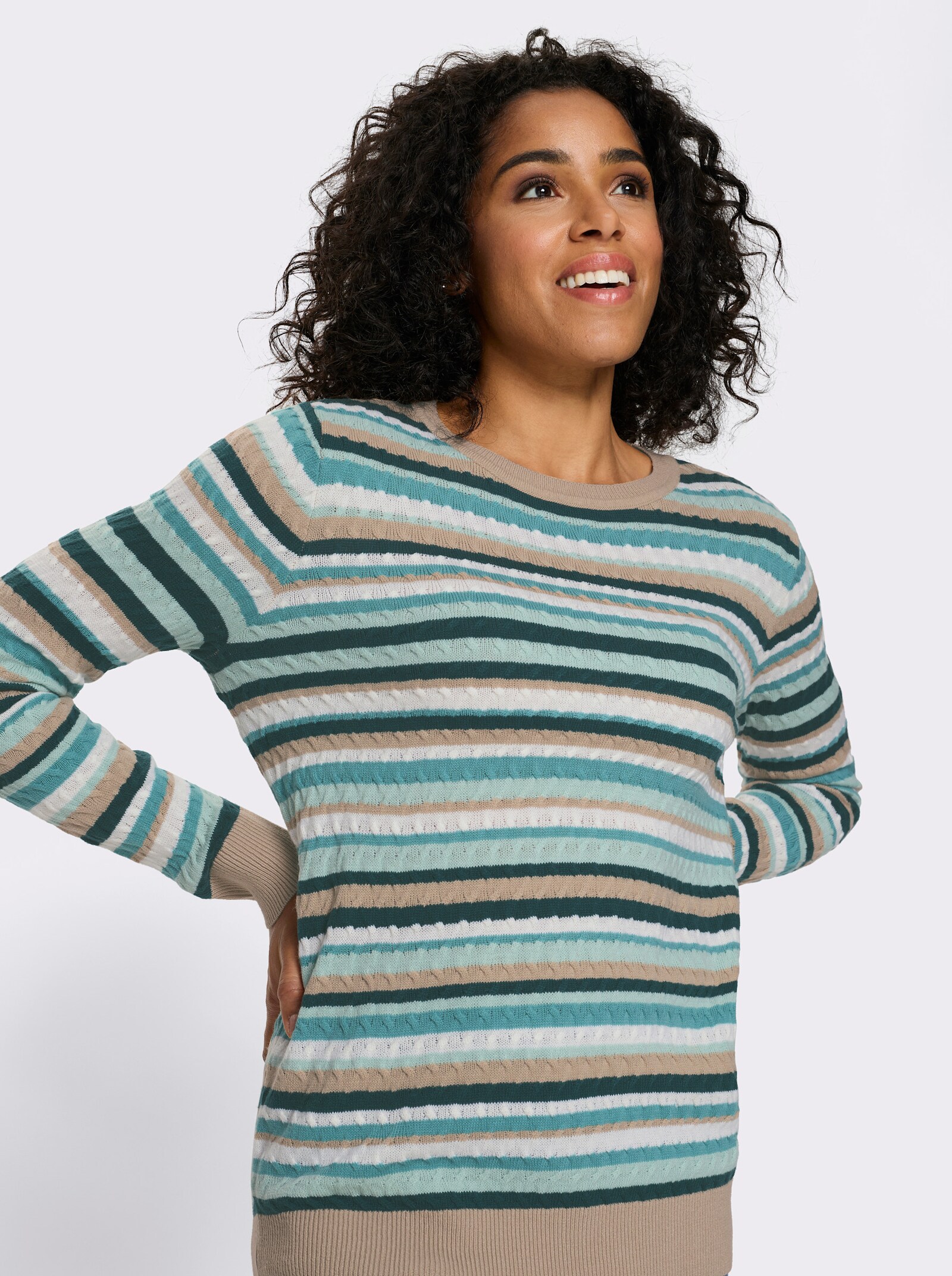 Rundhalspullover mit Zopfmuster im Ringel-Dessin - ozean-kalkmint-geringelt