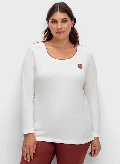 Langarmshirt mit Lederimitat-Emblem - weiß