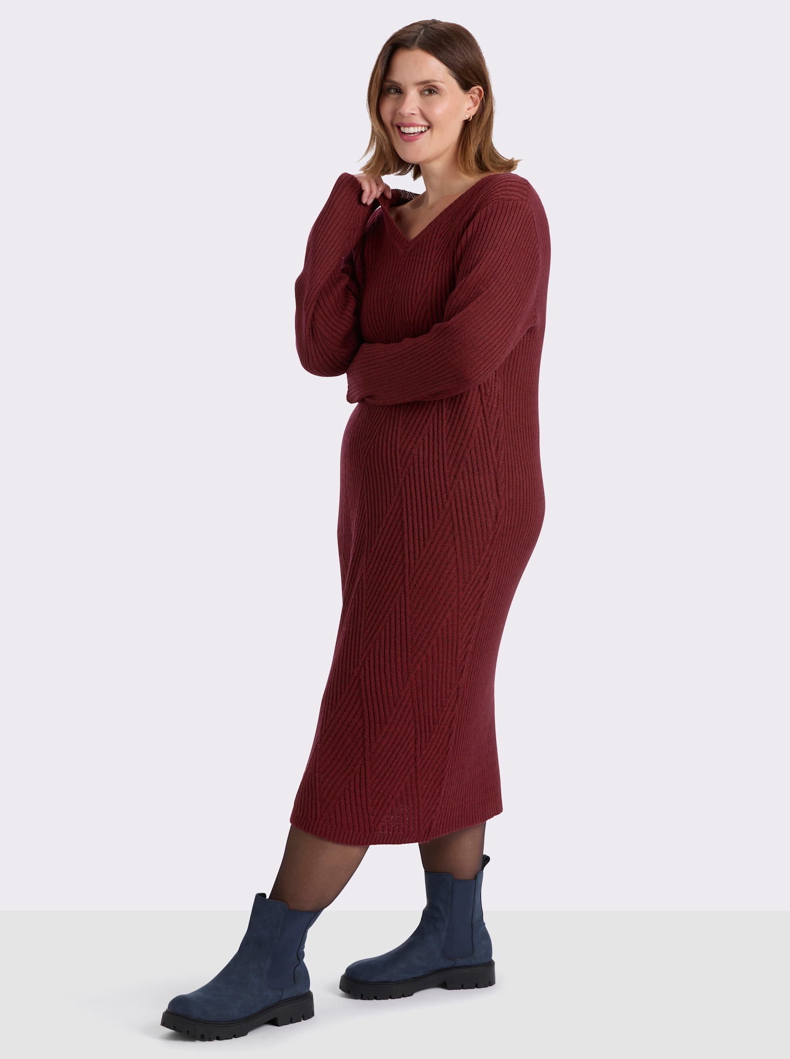 sheego Strickkleid mit Rautenstrickmuster - kirsche-bordeaux-meliert