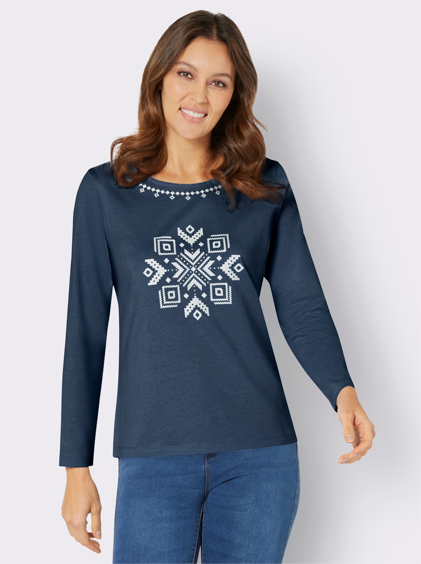 Tričko, dl.ruk., nórsky štýl - Tmavomod.+biela