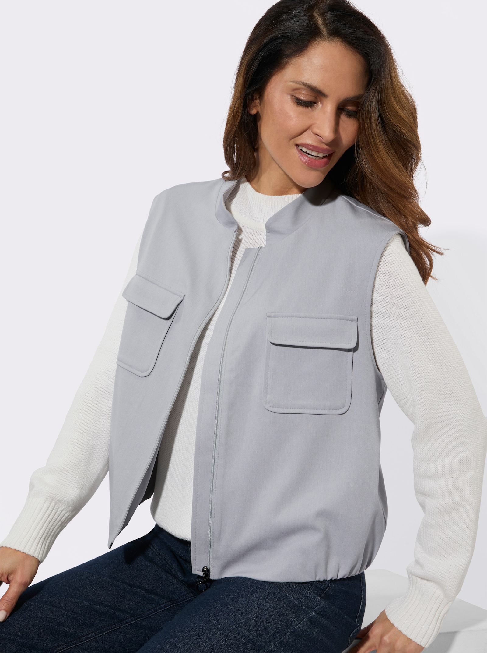 Kurzweste mit aufgesetzten Pattentaschen - grau-meliert