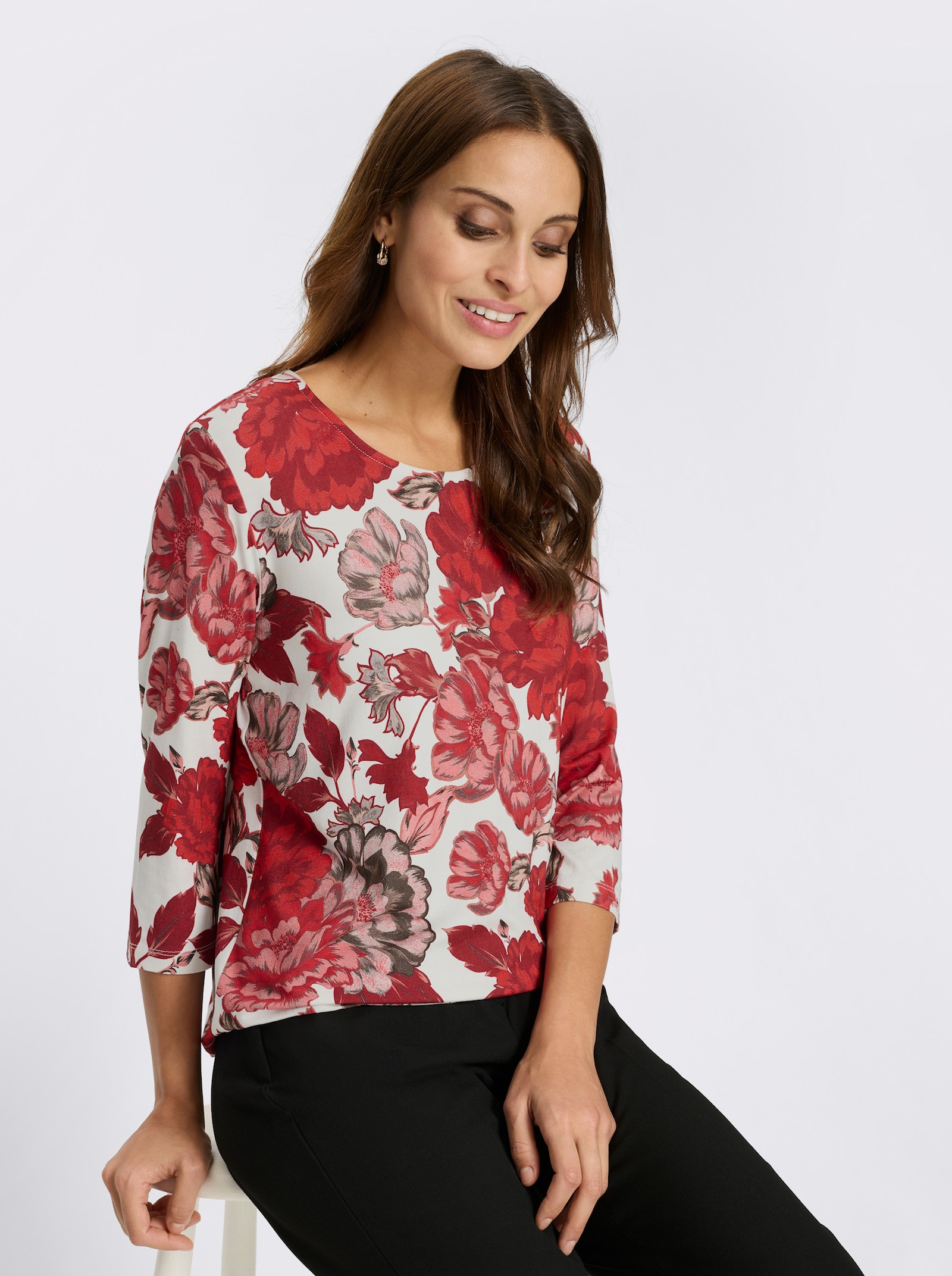 Shirt met ronde hals en viscose - ecru/rood bedrukt