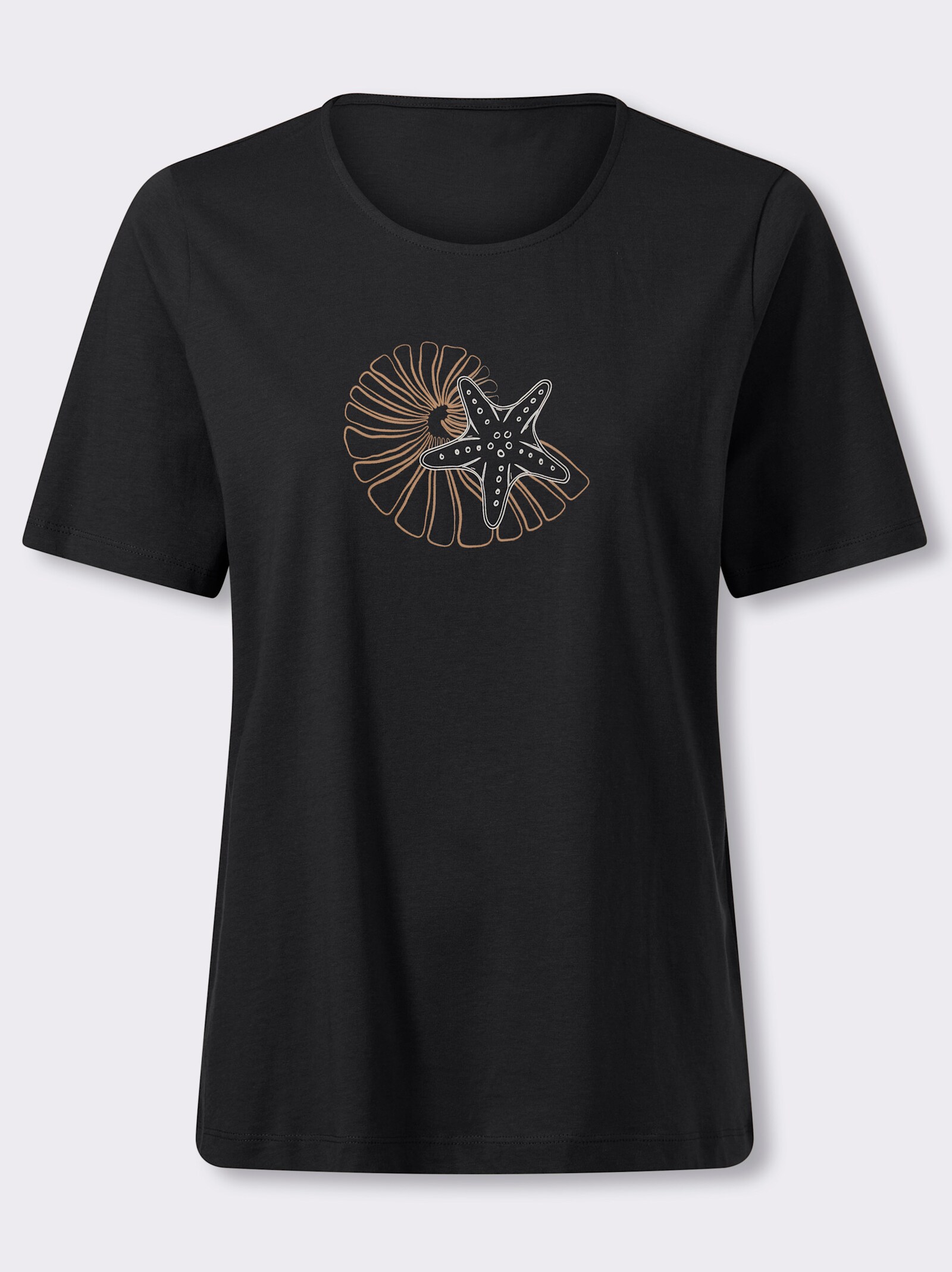 Kurzarmshirt im Muschel-Dessin - schwarz-camel