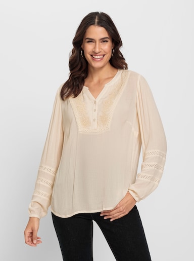 Schlupfbluse Blütenstickerei und Zierperlen - elfenbein