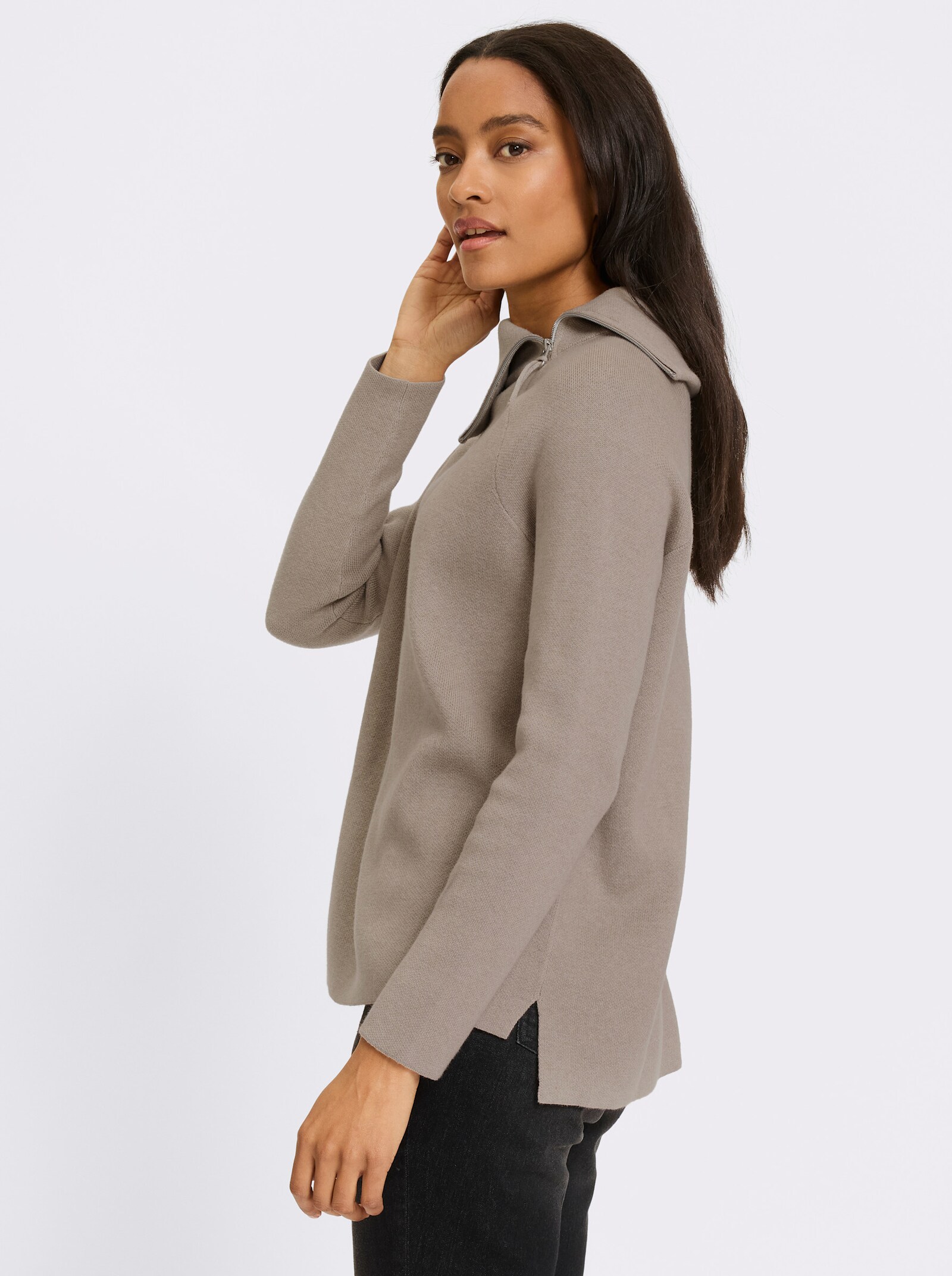 heine Langarm-Pullover mit Reißverschluss - sesam-meliert