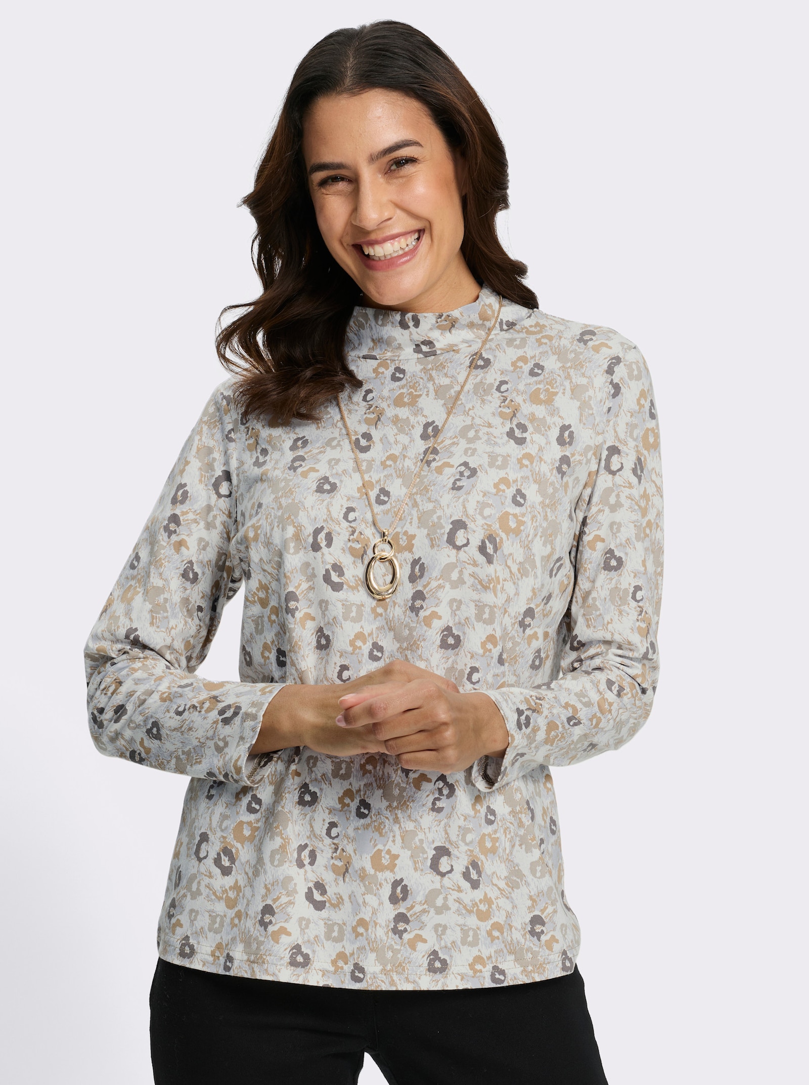 Stehkragenshirt - ecru-sesam-bedruckt