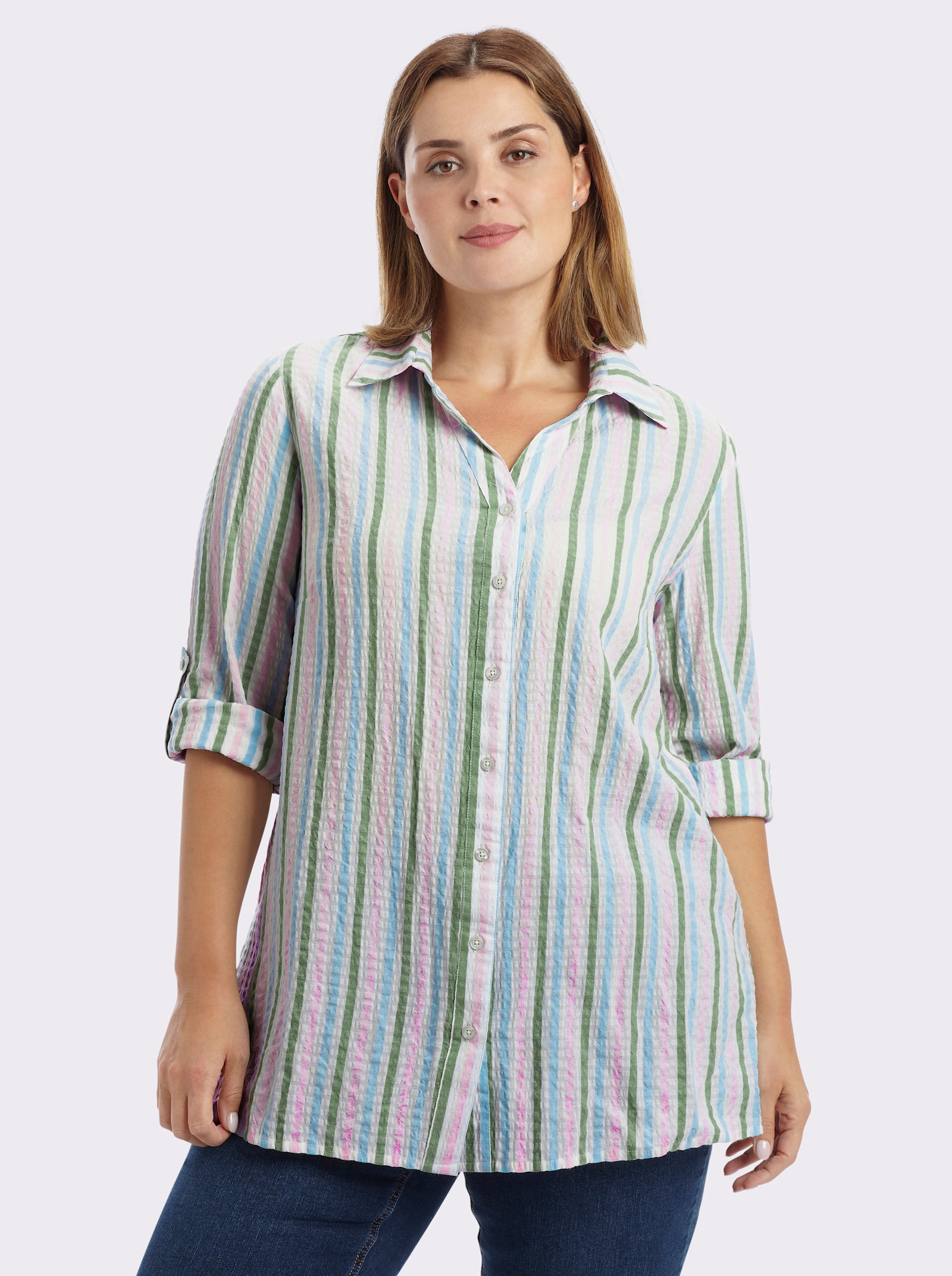 sheego Gestreifte Bluse in Seersucker-Qualität - weiß-hellrosé-gestreift