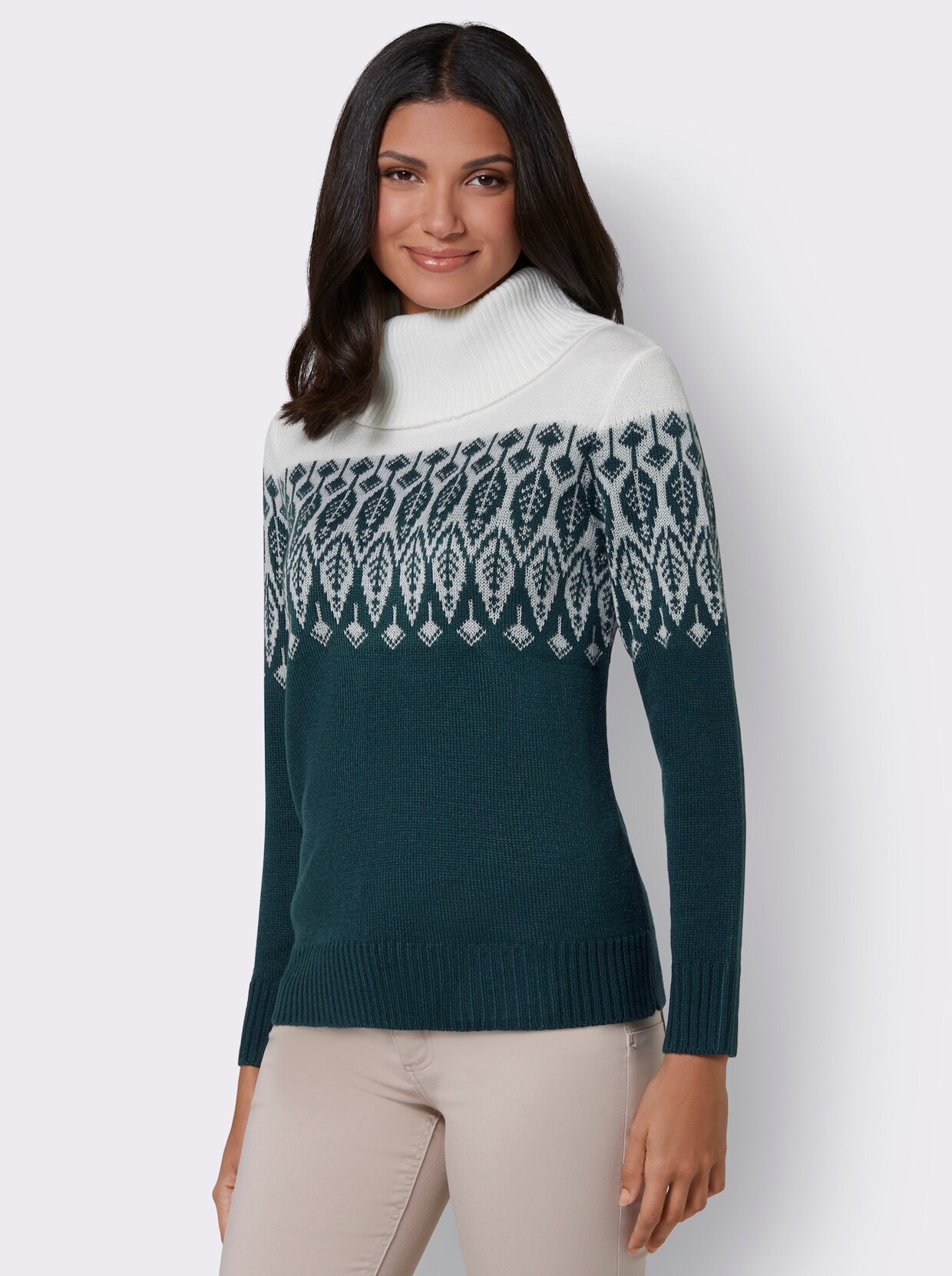 Jacquardpullover - petrol-ecru-gemustert