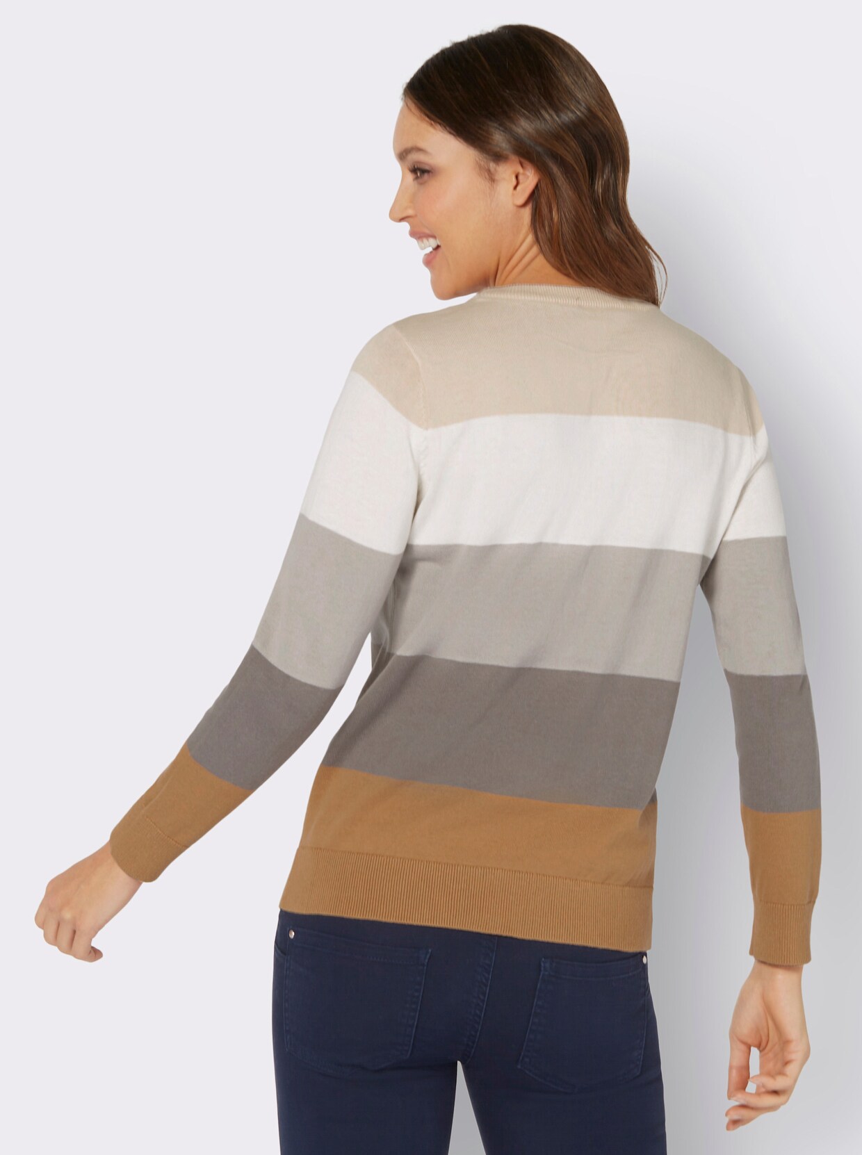 Langarm-Pullover - ecru-camel-gestreift