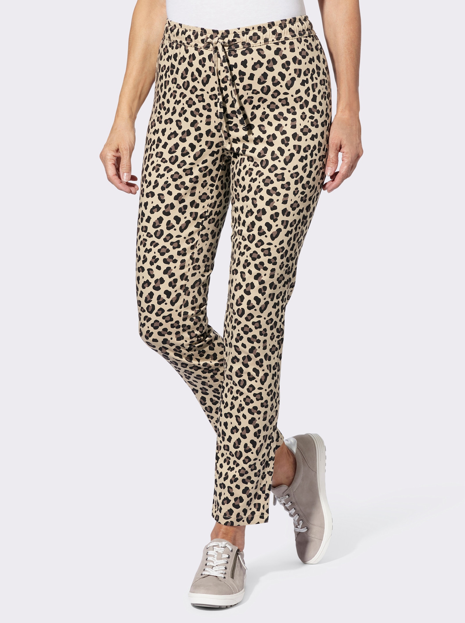 Comfortbroek met luipaardmotief - zand/zwart bedrukt