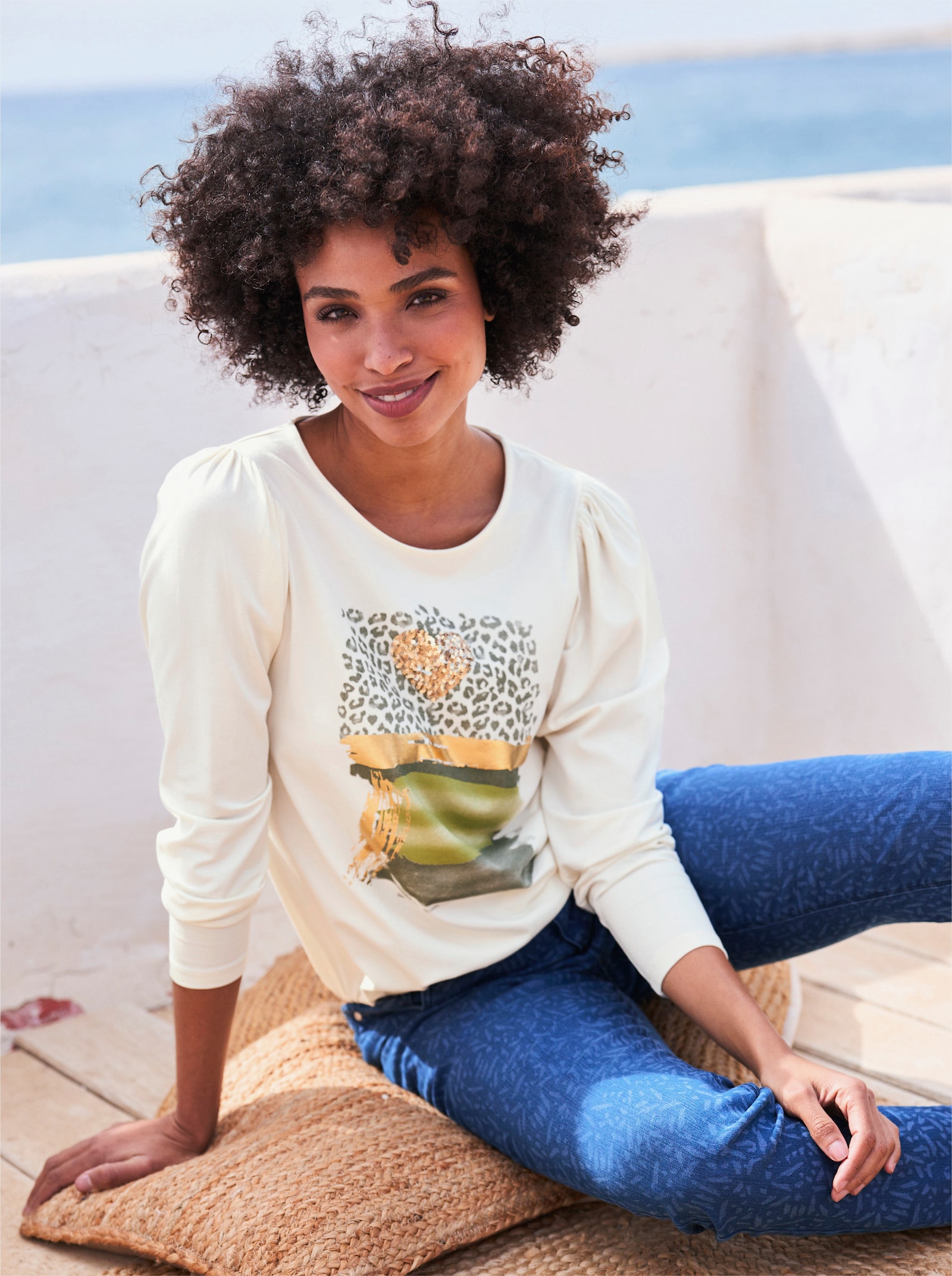 heine Print-Shirt mit langen Puffärmeln - champagner