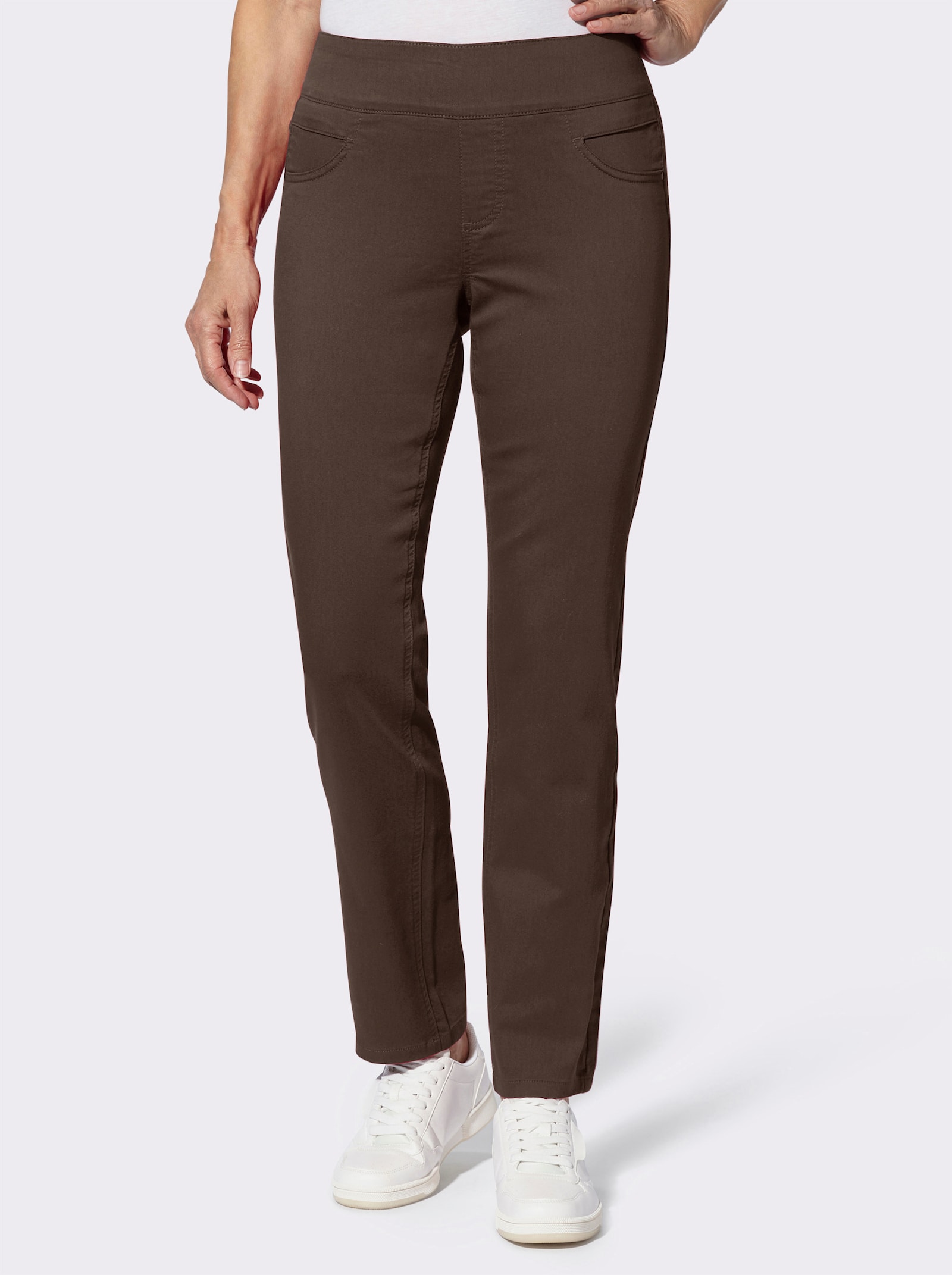 Navlékací kalhoty s vysokým elastickým pasem - čokoládová