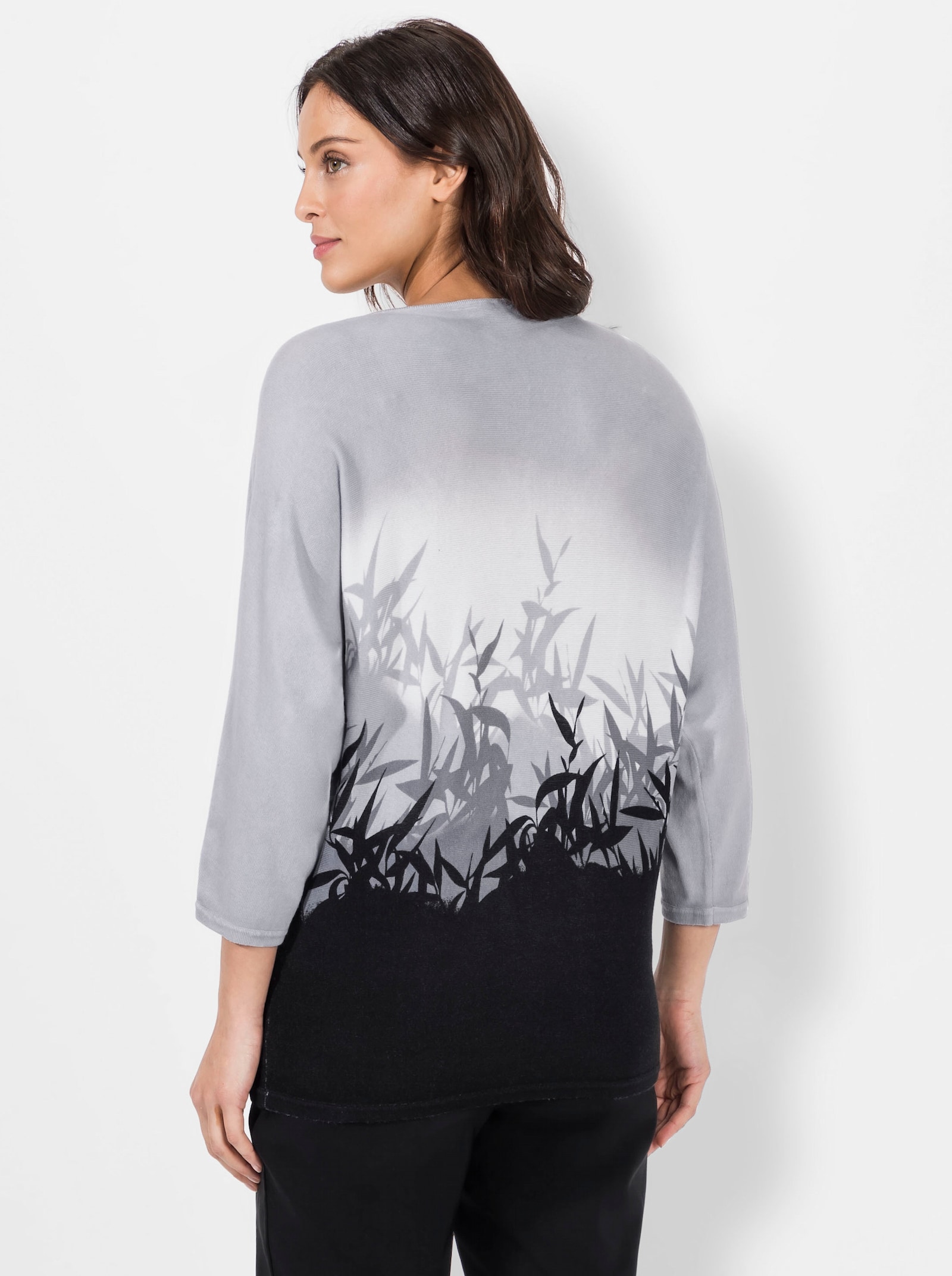 3/4 Arm-Pullover mit Fledermausärmel - schwarz-hellgrau-bedruckt