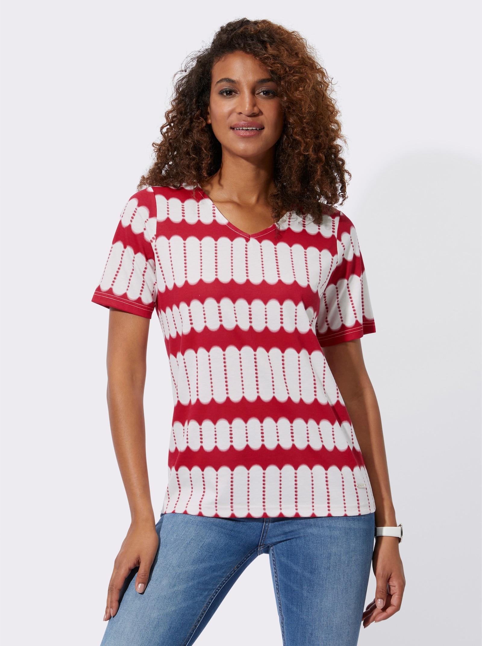 Tričko s krátkým rukávem s výstřihem do V - červená-ecru-potisk