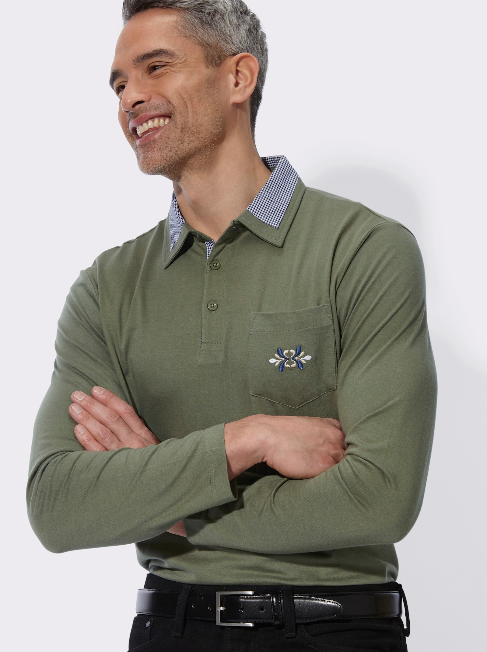 Langarm-Poloshirt mit Webkaro-Details - khaki