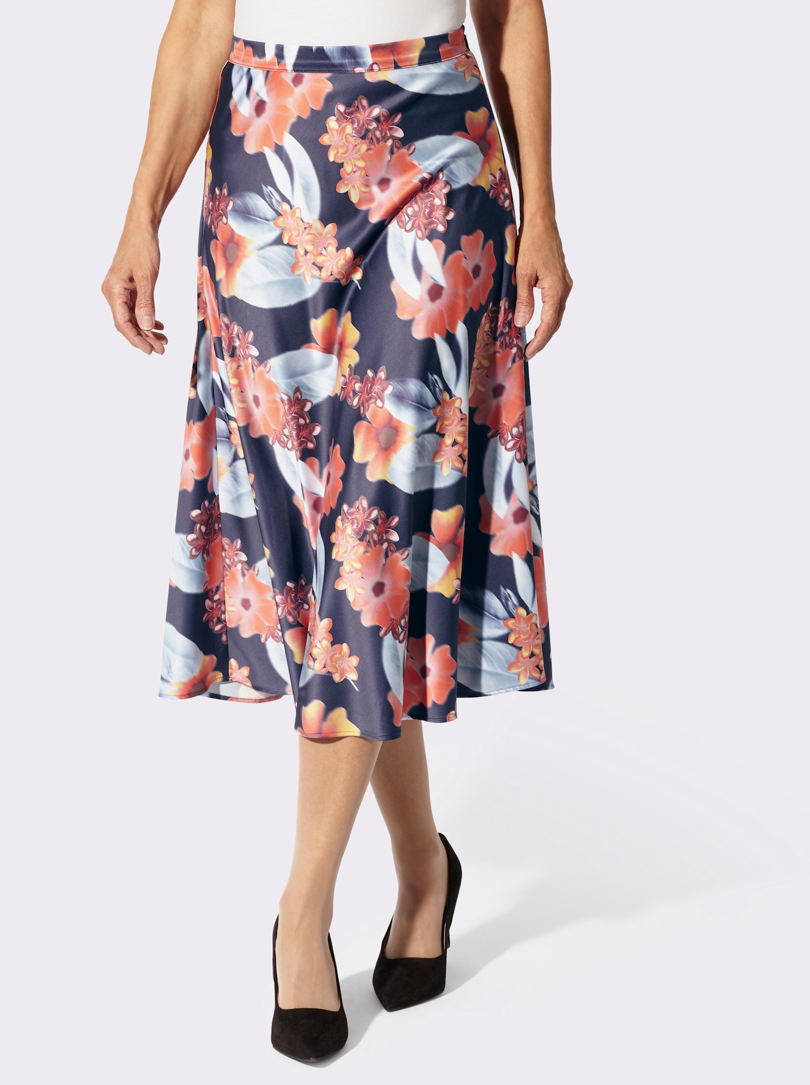 Satinrock in glänzender Qualität - marine-papaya-bedruckt