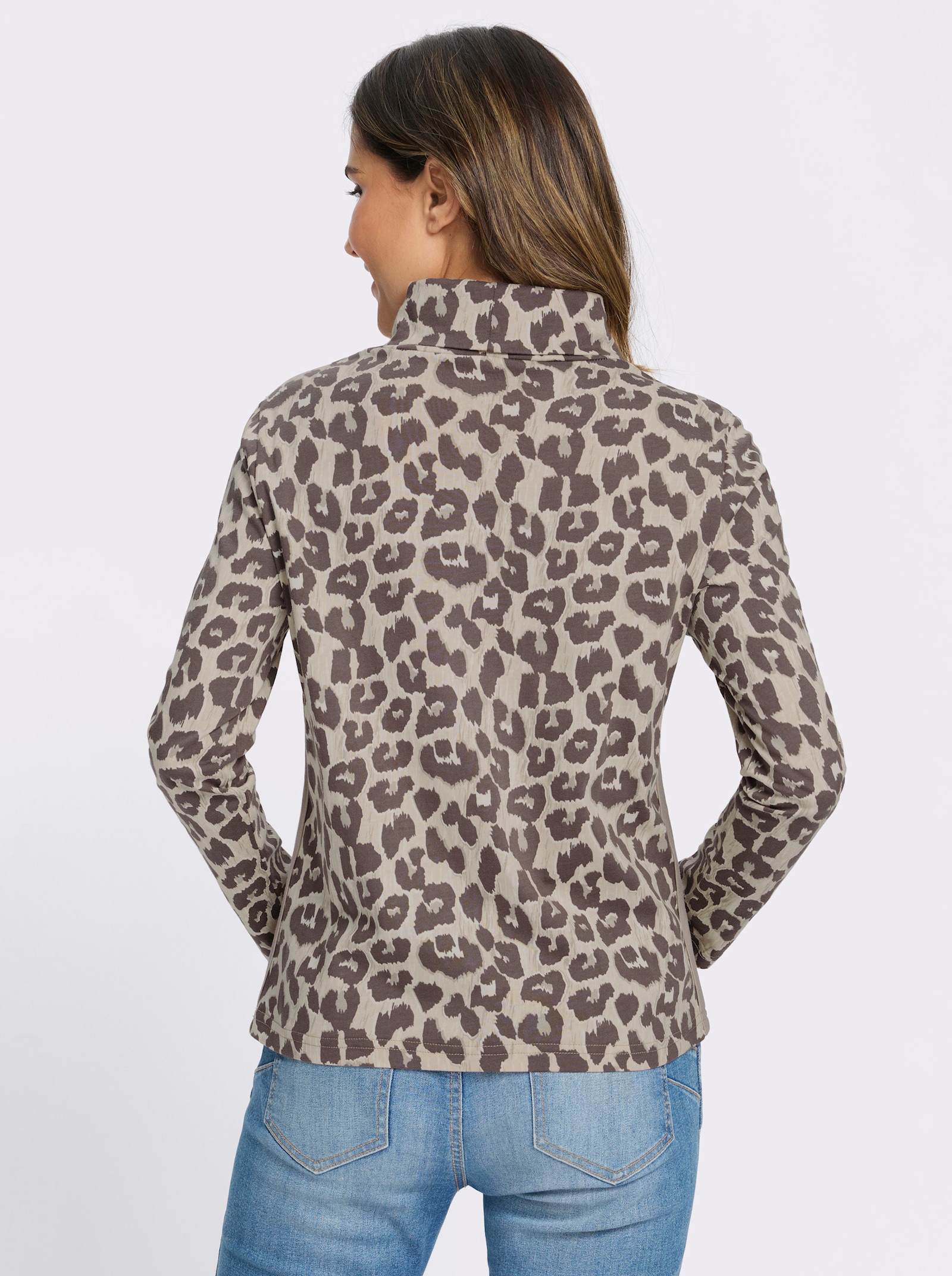 Rollkragenshirt im Leo-Dessin - elfenbein-dunkeltaupe-bedruckt