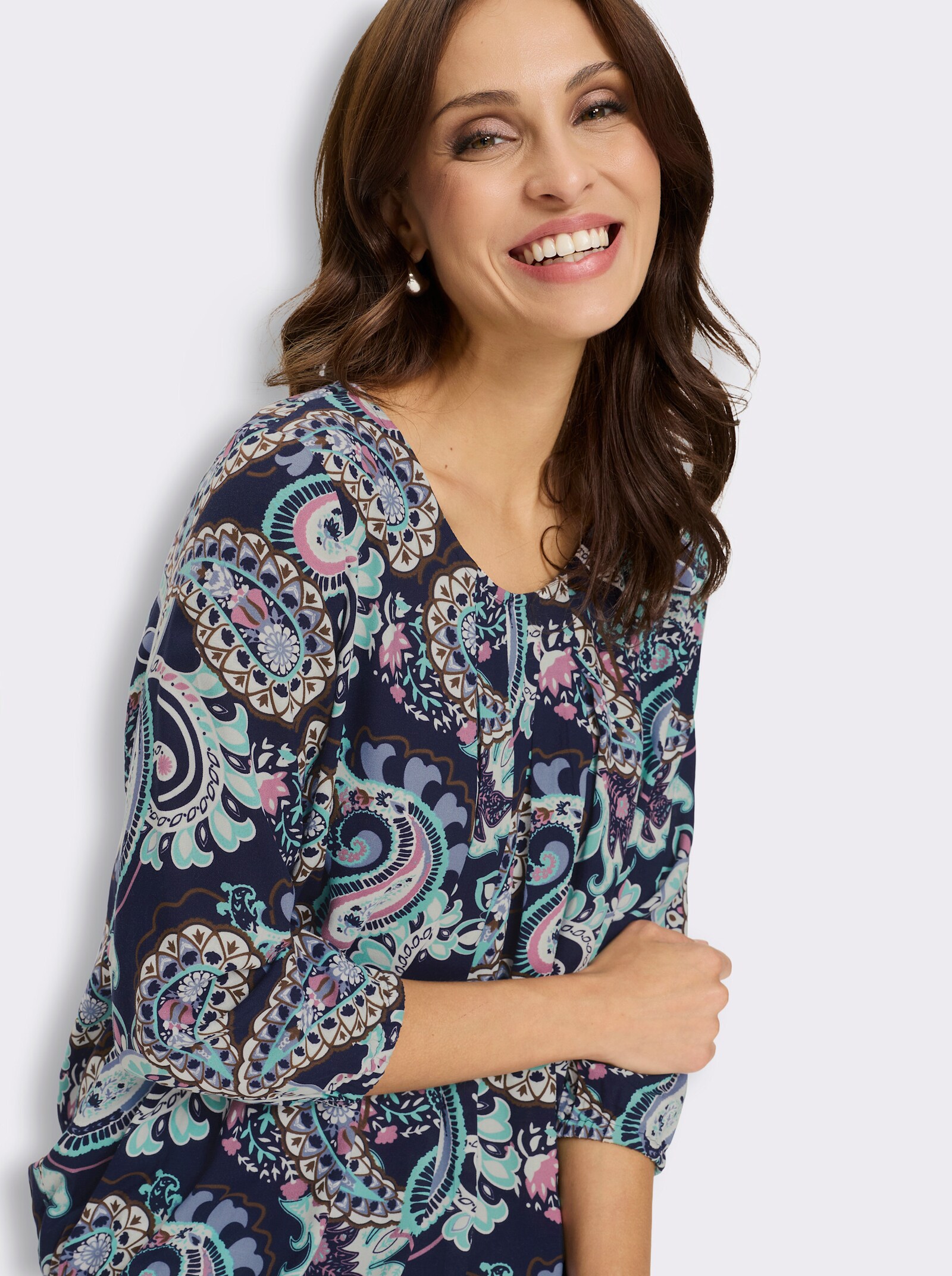 Druckbluse mit Gummibündchen - marine-bedruckt