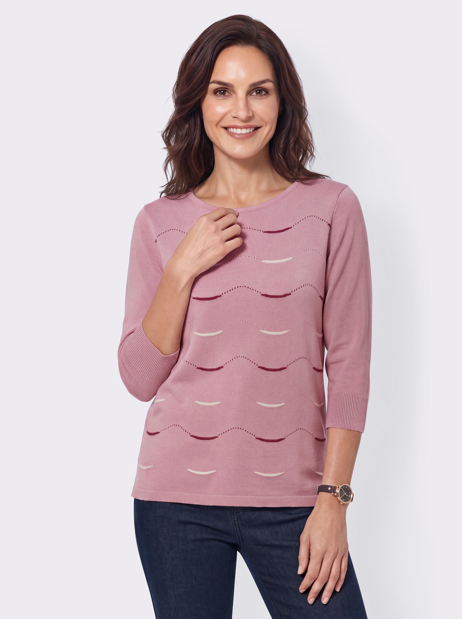 3/4-Arm-Pullover mit Wellenmuster - rosé-ecru