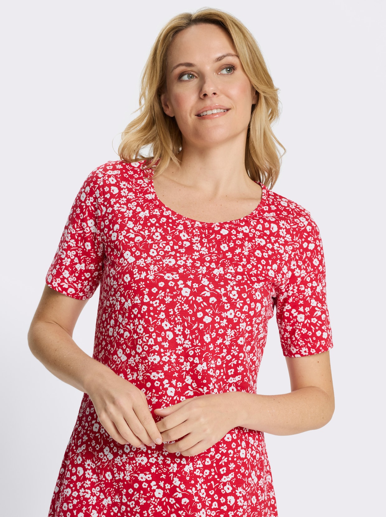 Jerseykleid im Millesfleurs-Dessin - rot-weiß-bedruckt