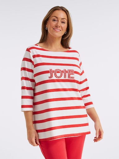 sheego 3/4-Arm-Shirt mit Ringeln und Front-Patches - weiß-erdbeere-geringelt