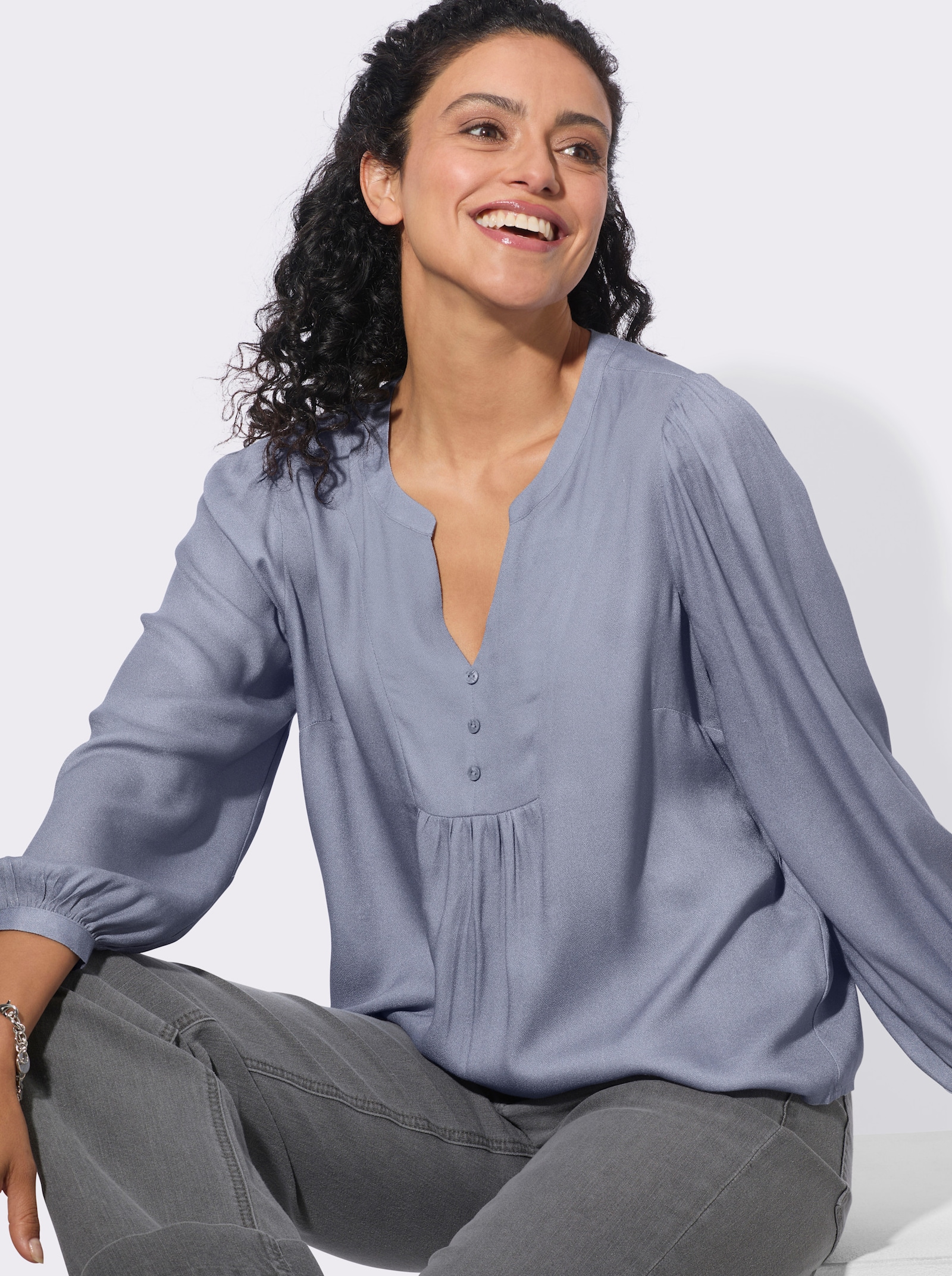 Longbluse in Crêpe-Qualität - taubenblau