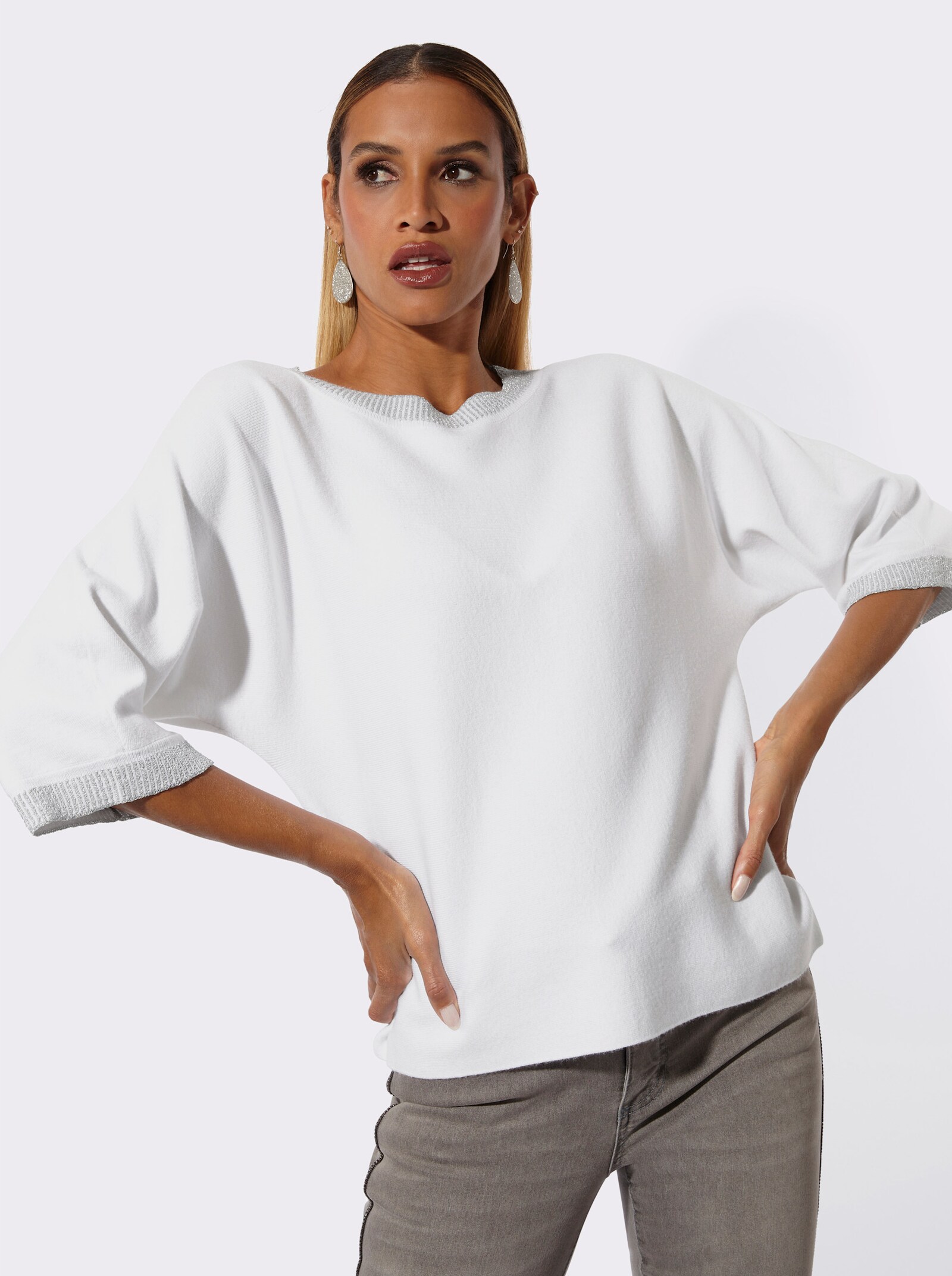 Fledermauspullover mit Glanzgarn - ecru