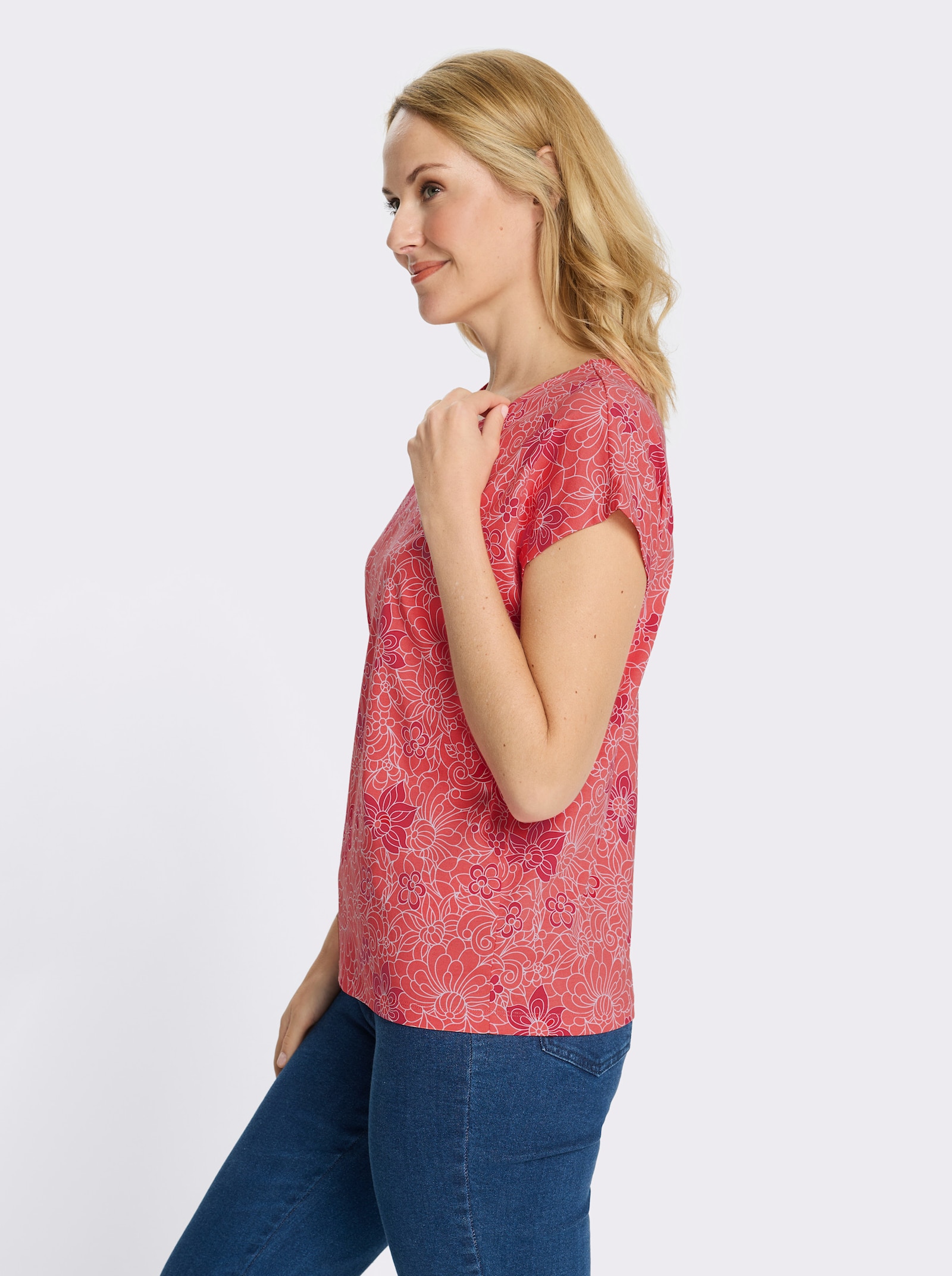 Kurzarmshirt mit Blumenprint - koralle-erdbeere-bedruckt