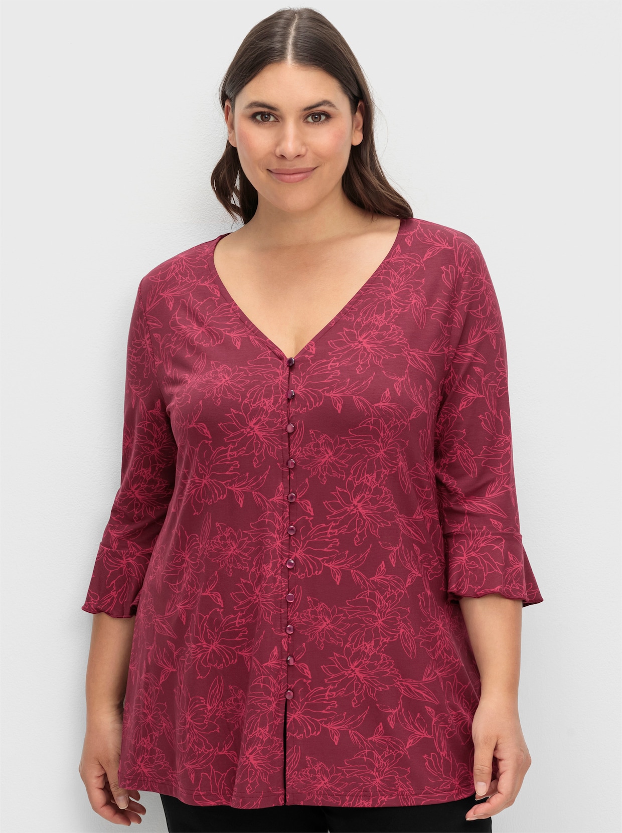 sheego Shirt met 3/4-mouw - wijnrood gedessineerd
