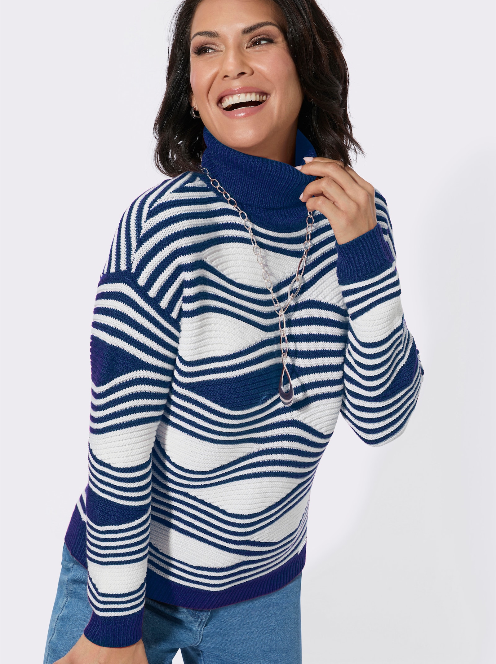 Rollkragenpullover mit Intarsienmuster - royalblau-ecru-gemustert