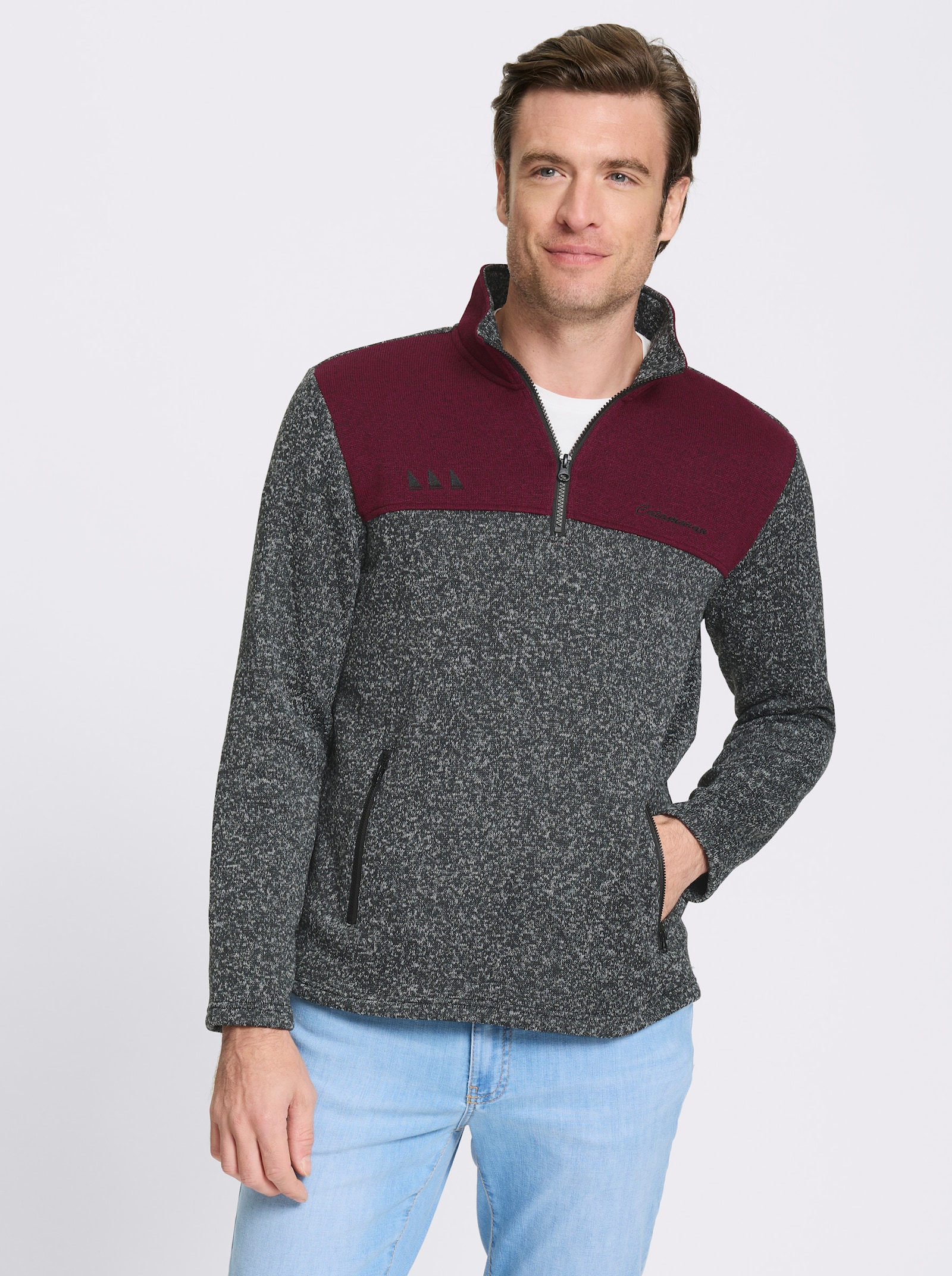 Catamaran Strickfleece-Pullover mit Stickerei - schwarz-bordeaux-meliert