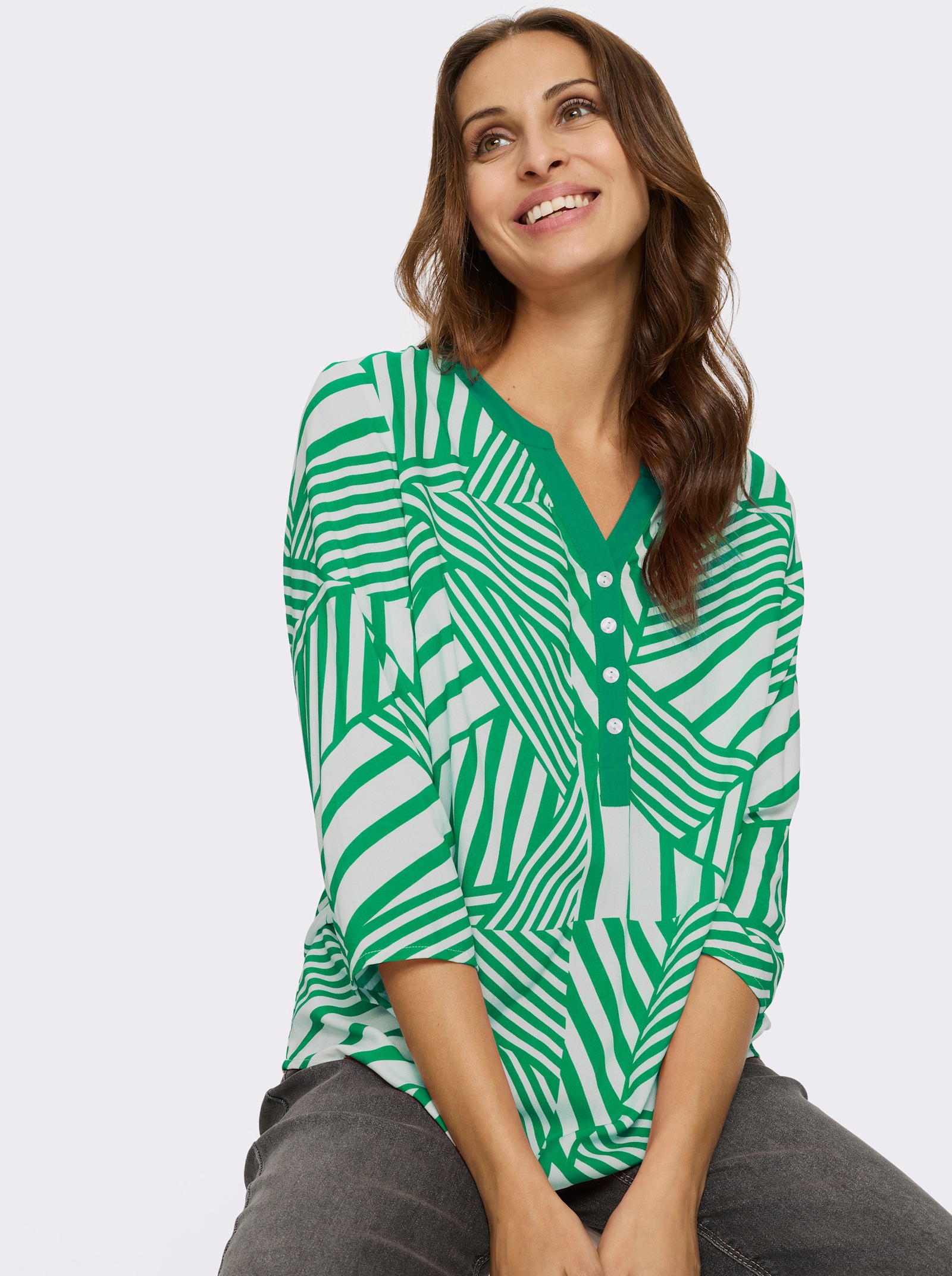 Schlupfbluse mit Falte hinten - grasgrün-weiß-bedruckt