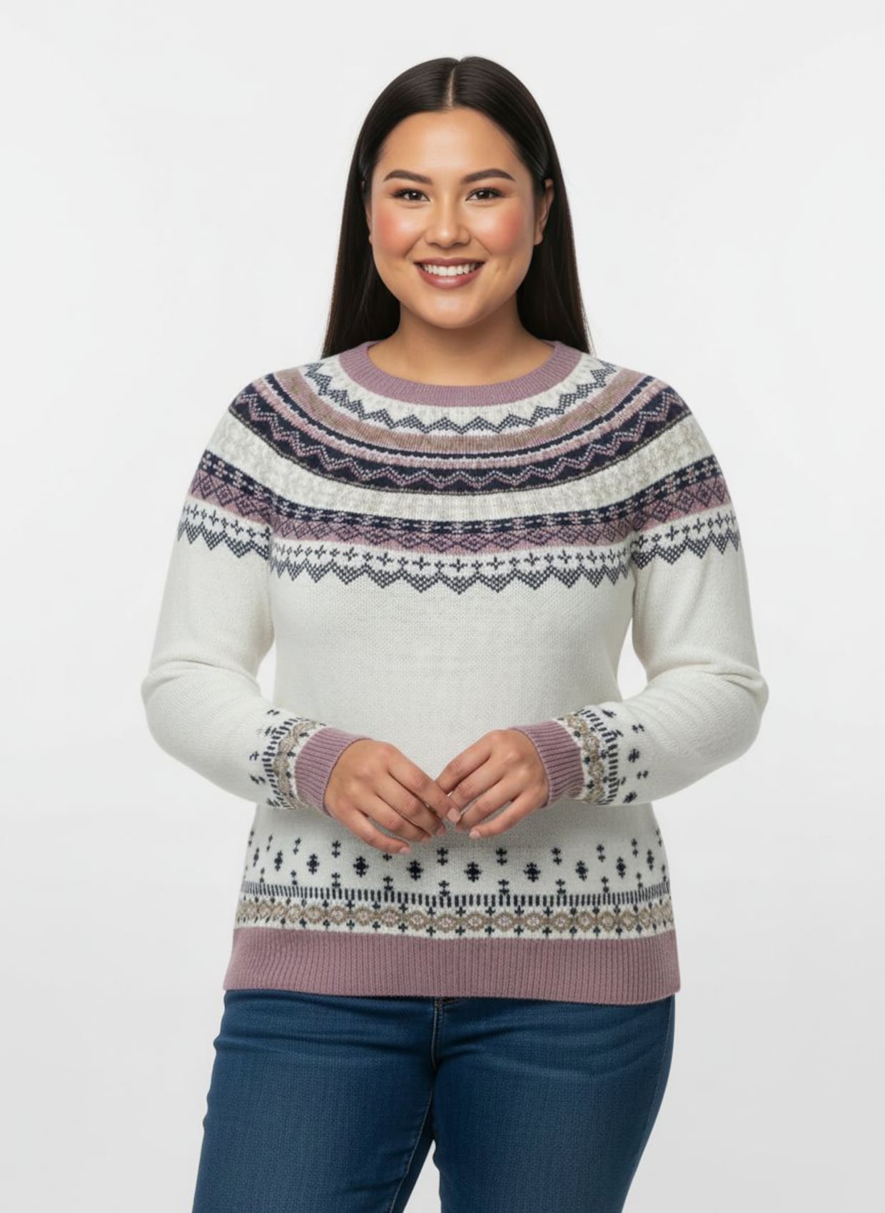 Norwegerpullover mit Raglan-Ärmeln - ecru-mauve-gemustert
