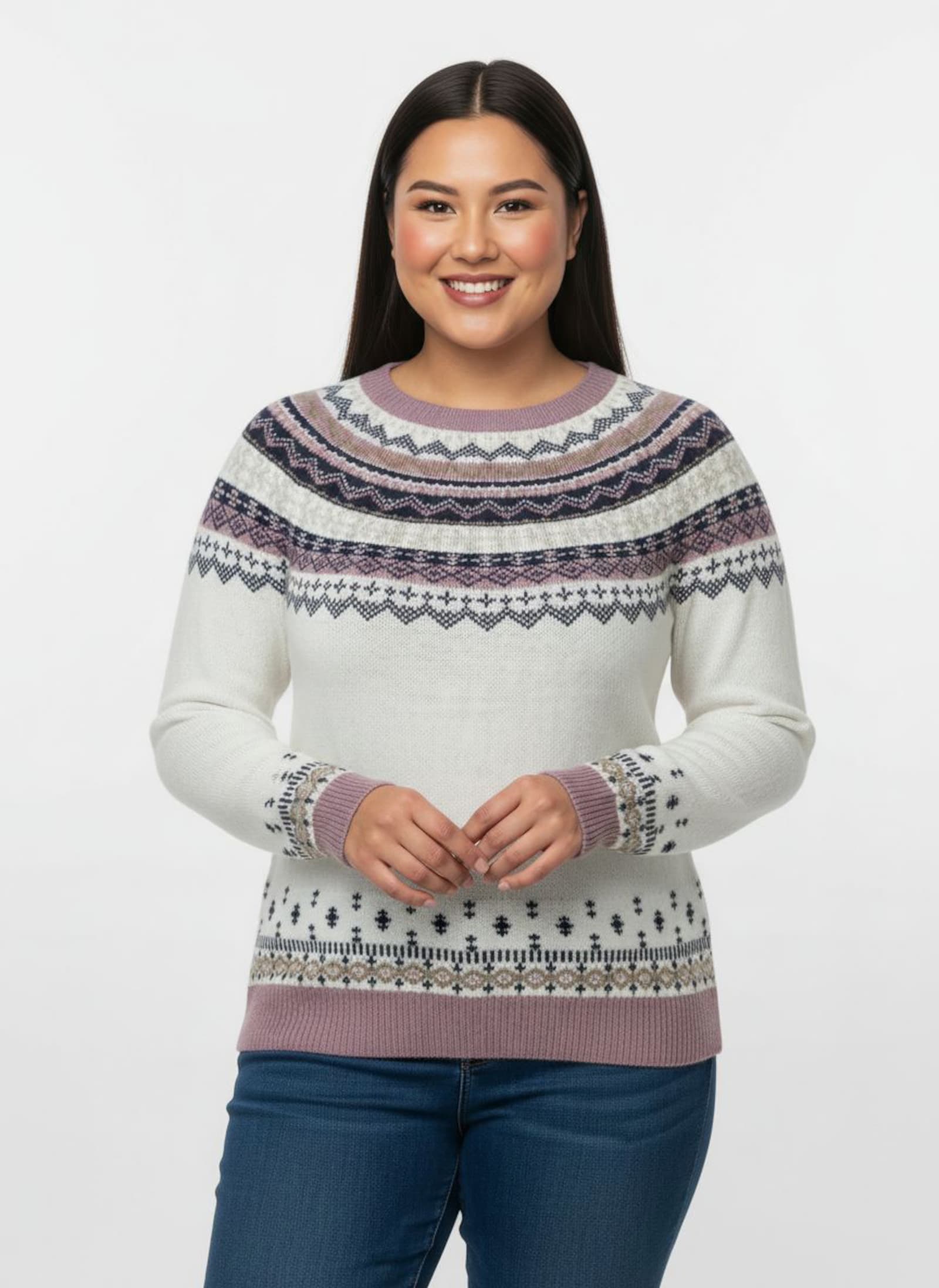 Norwegerpullover mit Raglan-Ärmeln - ecru-mauve-gemustert