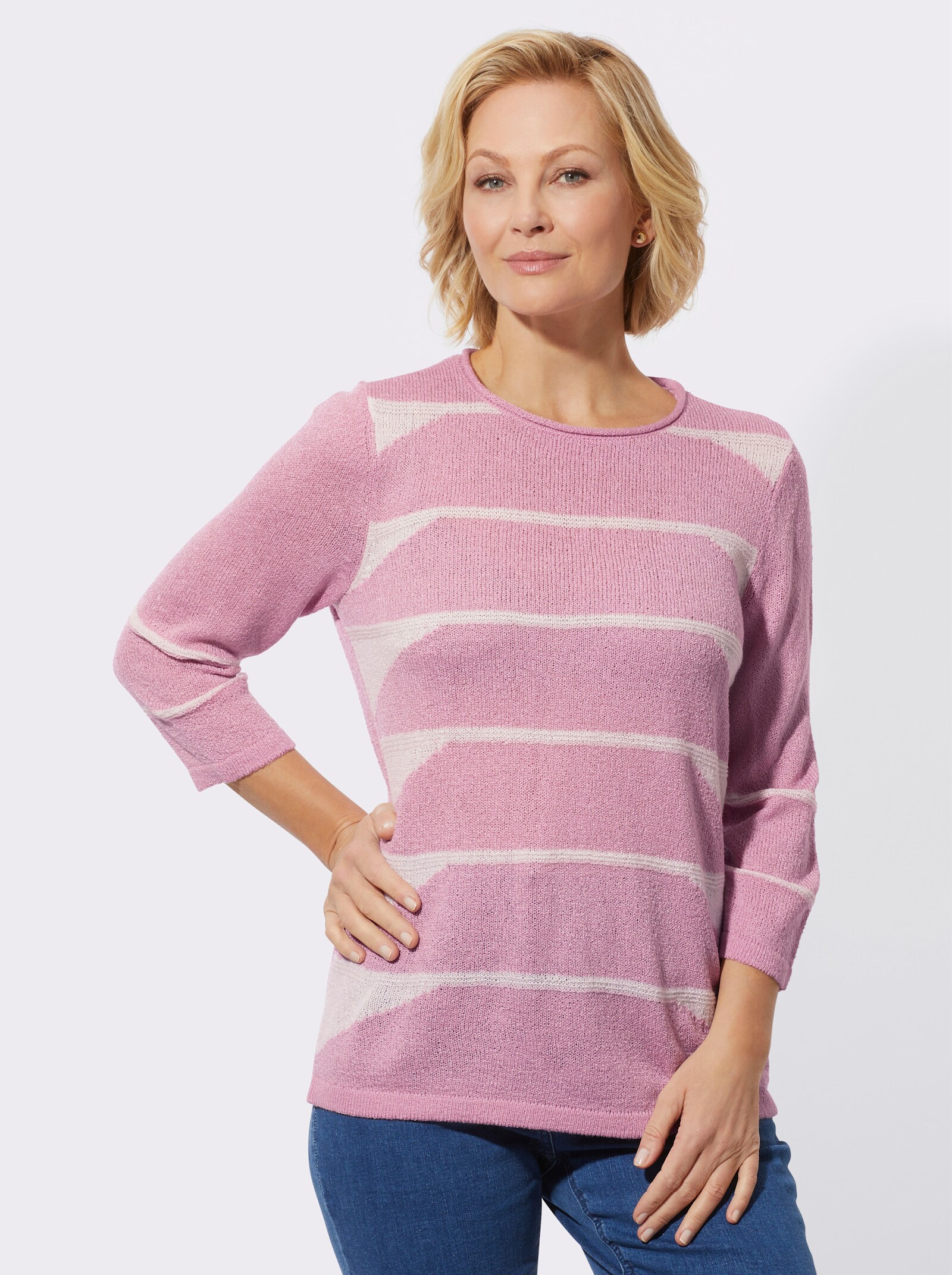 Pullover met ronde hals en intarsiapatroon - roze/ecru gedessineerd