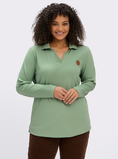 sheego Poloshirt mit offenem V-Ausschnitt - eucalyptus