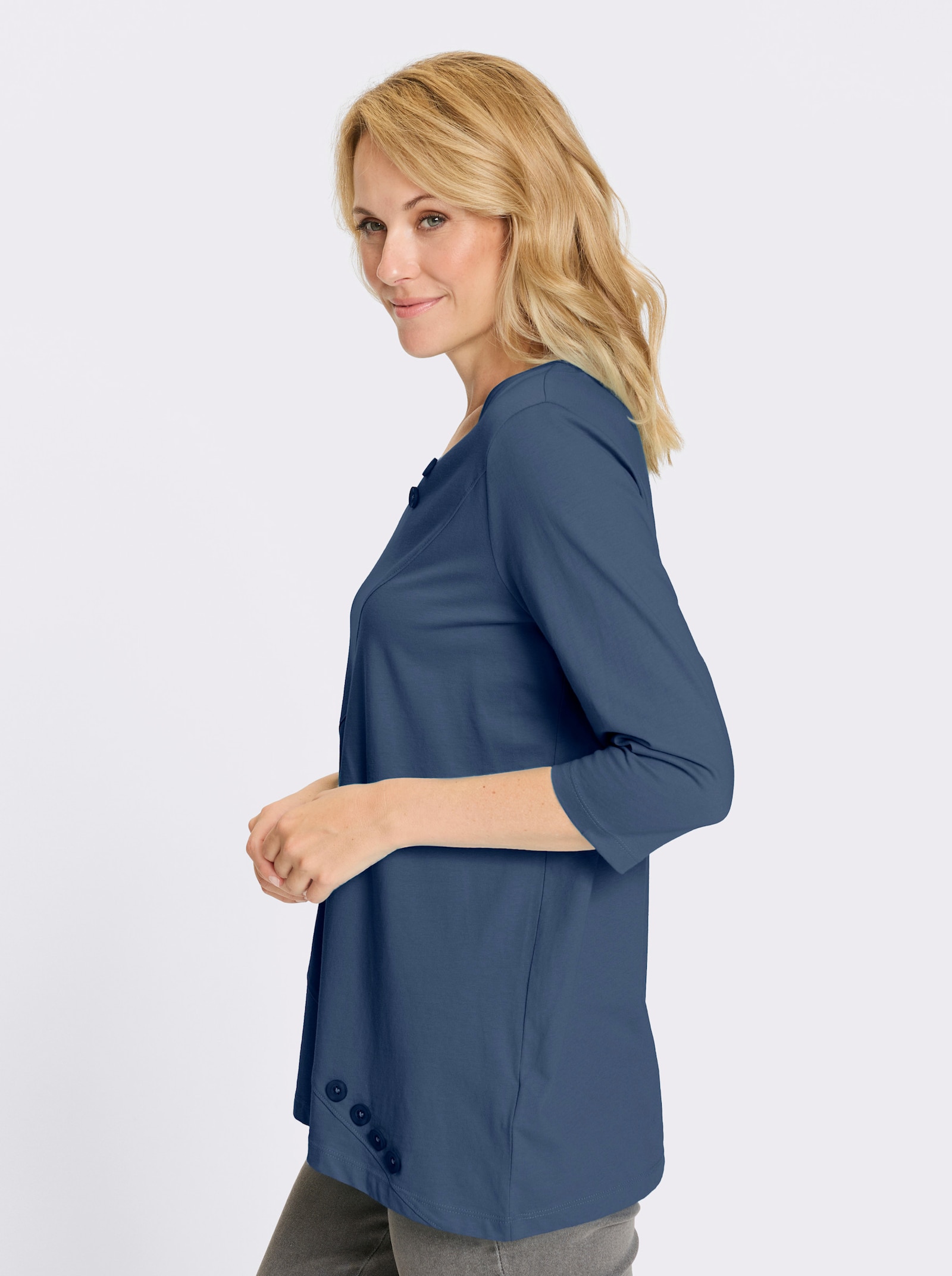 Lang shirt met asymmetrische zoom - jeansblauw