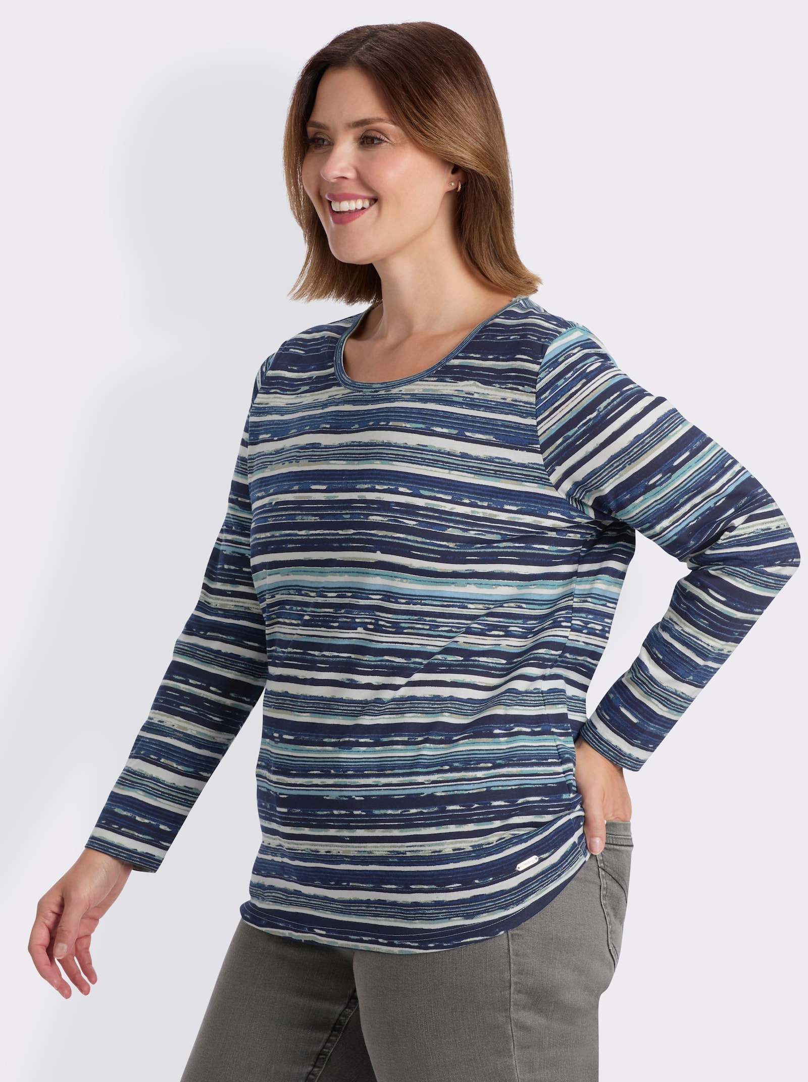 Langarmshirt aus reiner Baumwolle - marine-ozean-bedruckt