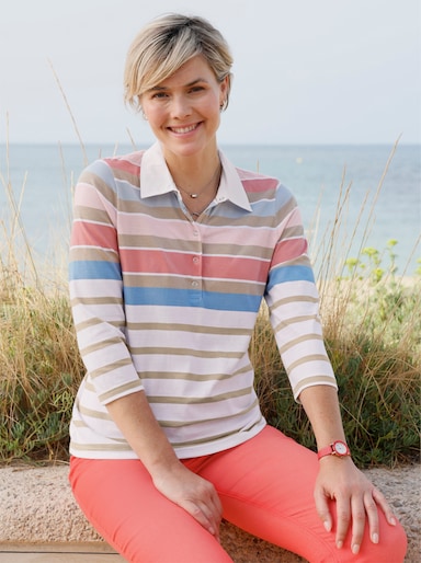 Poloshirt im Ringelmuster - ecru-flamingo-geringelt