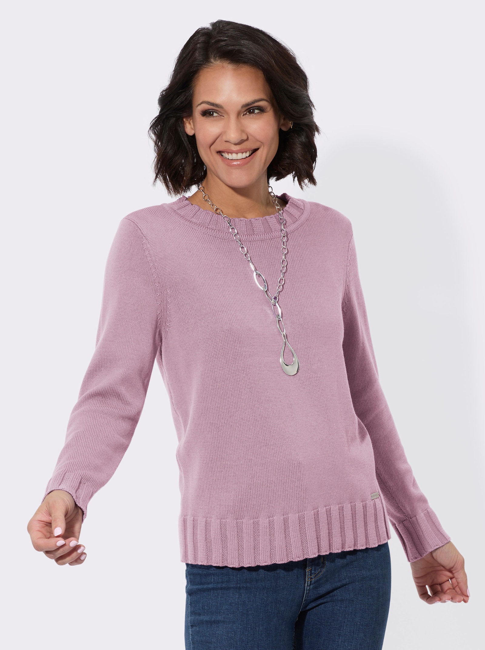 Langarm-Pullover mit Ripp-Abschlüssen - rosé