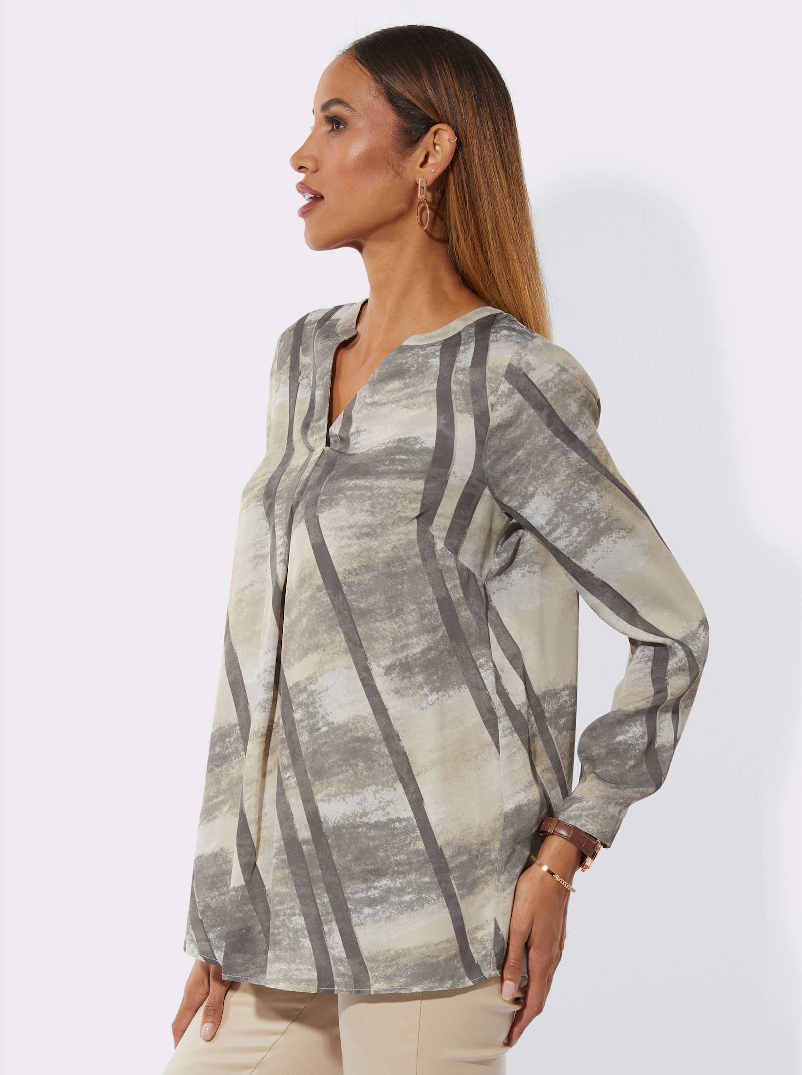 Langarmbluse mit Knopfmanschetten - sand-grau-bedruckt