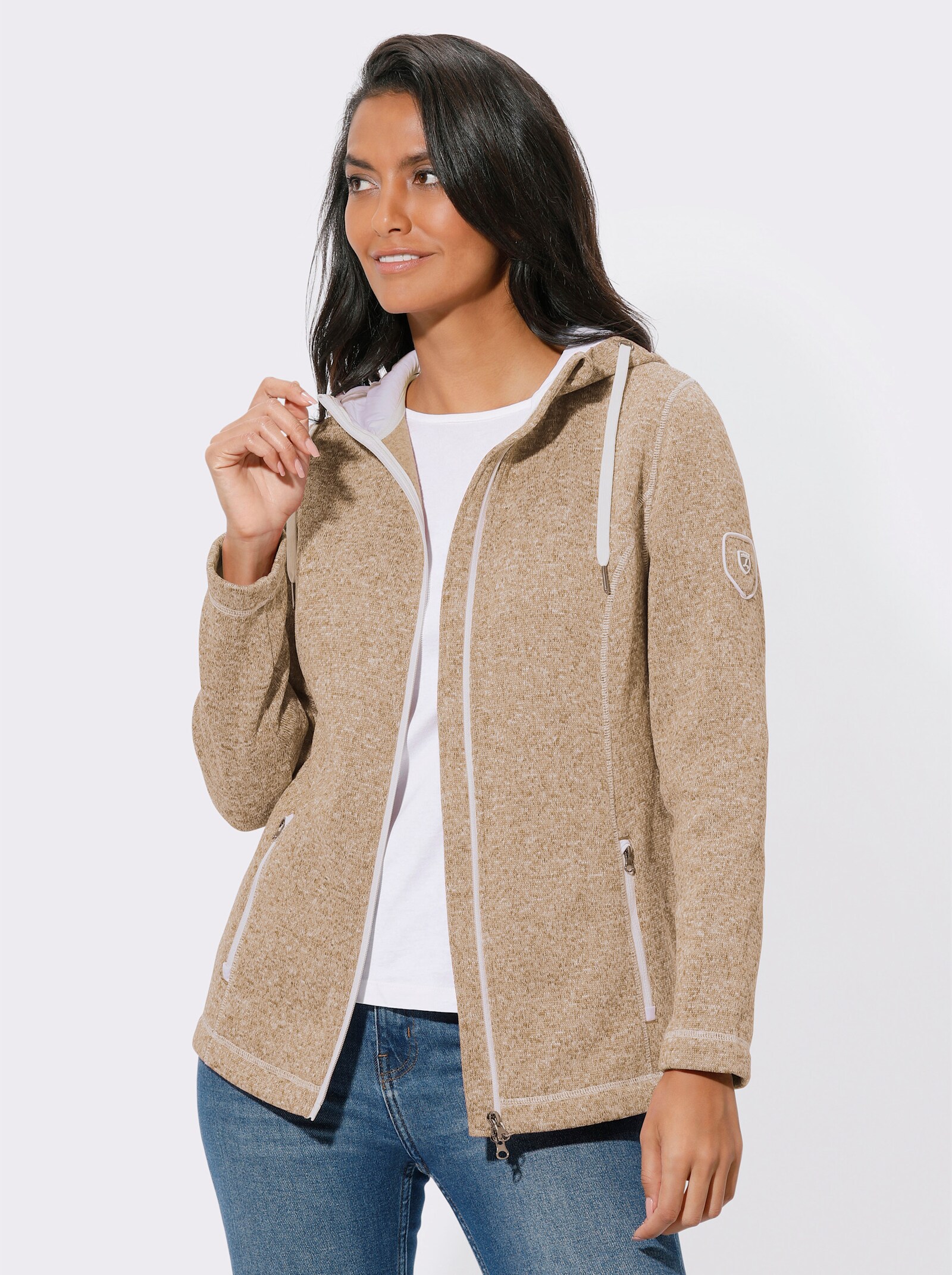 Strickfleece-Jacke mit Kapuze - camel-ecru-meliert