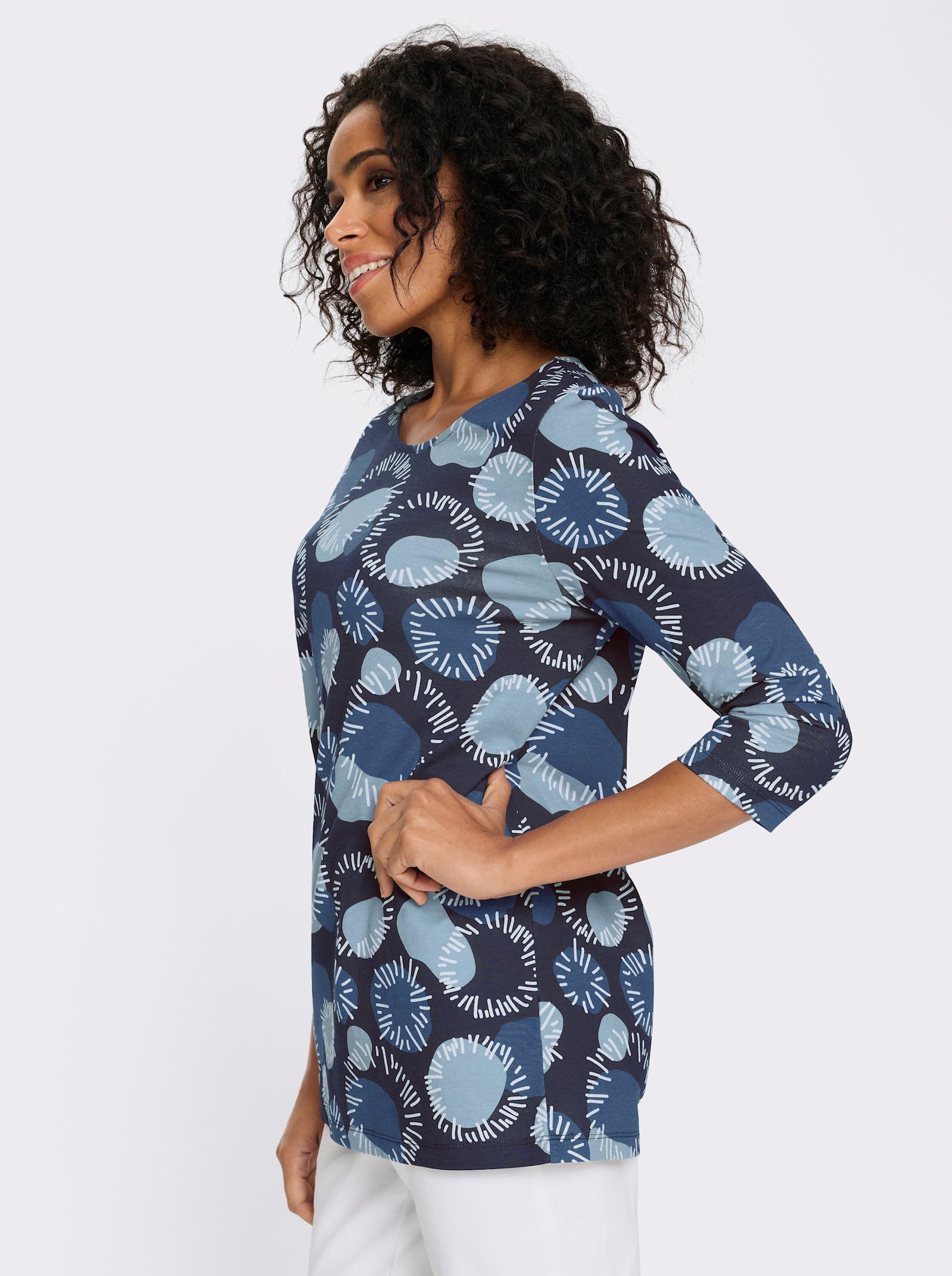 Lang shirt met 3/4-mouwen, katoen - ijsblauw-jeans-blauw-bedrukt