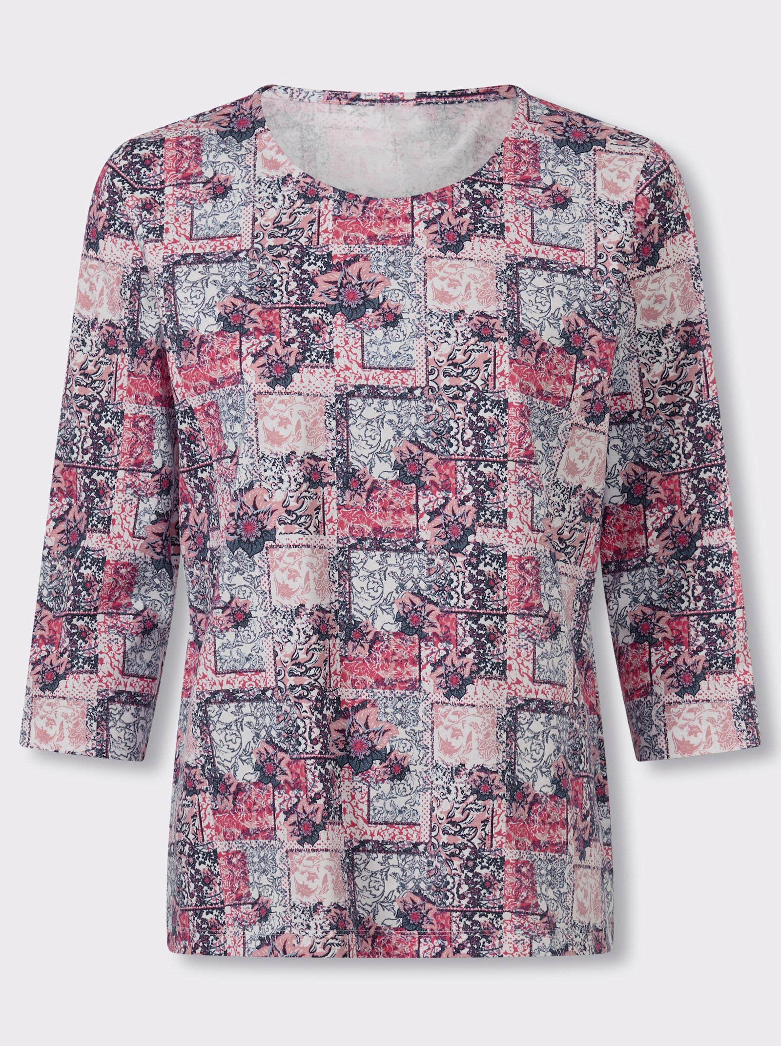 3/4-Arm-Shirt in Patchwork-Optik - fuchsia-rauchblau-bedruckt