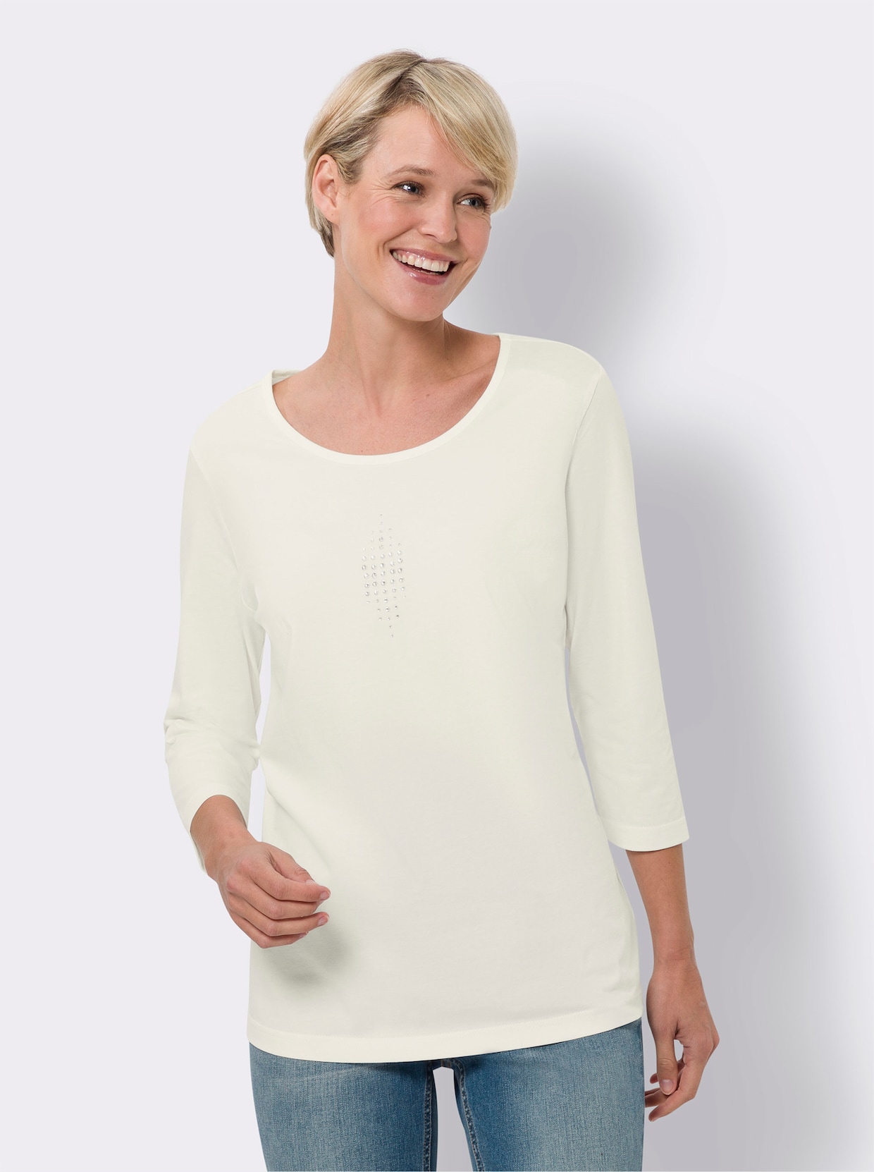 Shirt met 3/4-mouw - champagne + jeansblauw
